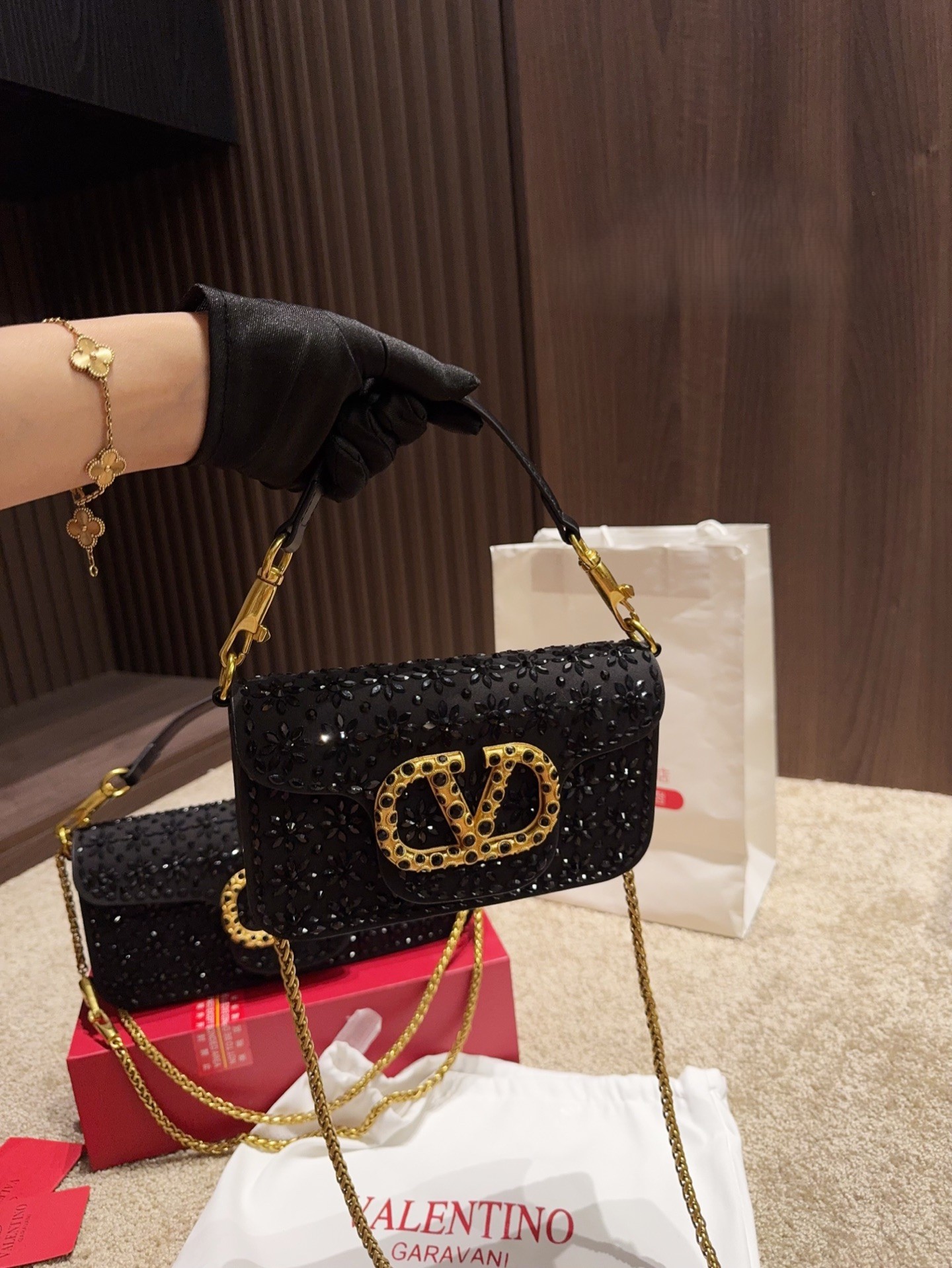 Valentino Garavani Loco Black Floral Embroidery Sequin Decoration Crystal-Encrusted VLogo Chain Shoulder Bag