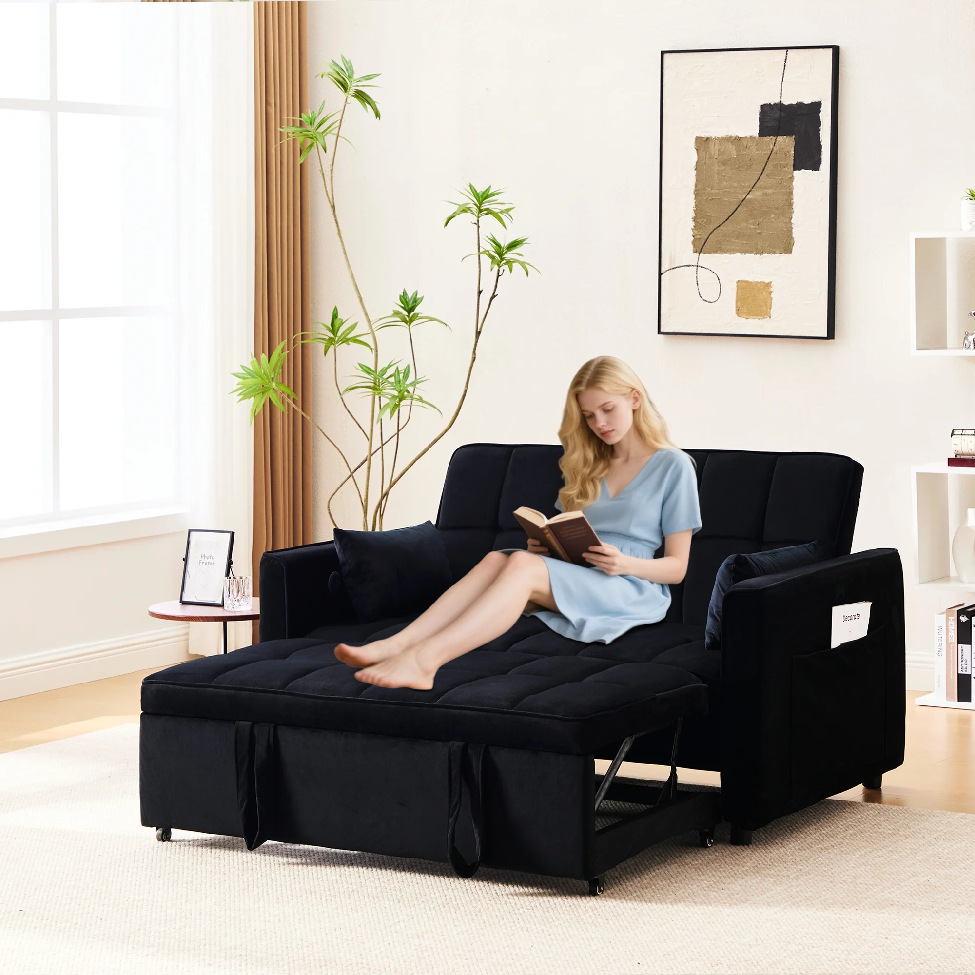 Velvet 3-in-1 Convertible Sofa Bed C USB Charging, Adjustable Backrest Pull-Out Couch Loveseat Sleeper for Living Room, Apartment & Small Space,Black