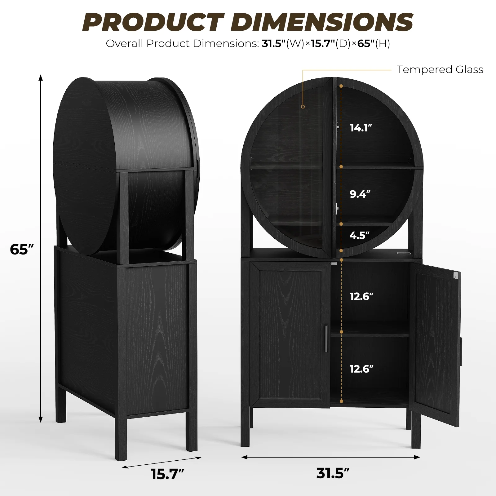 BROTTAR 65" Tall Rounded Wine Bar Cabinet with LED Lights, Storage Cabinet with Glass Doors & Shelves, Modern Liquor Coffee Bar Cabinet with Human Body Sensor for Kitchen, Living Room, Black