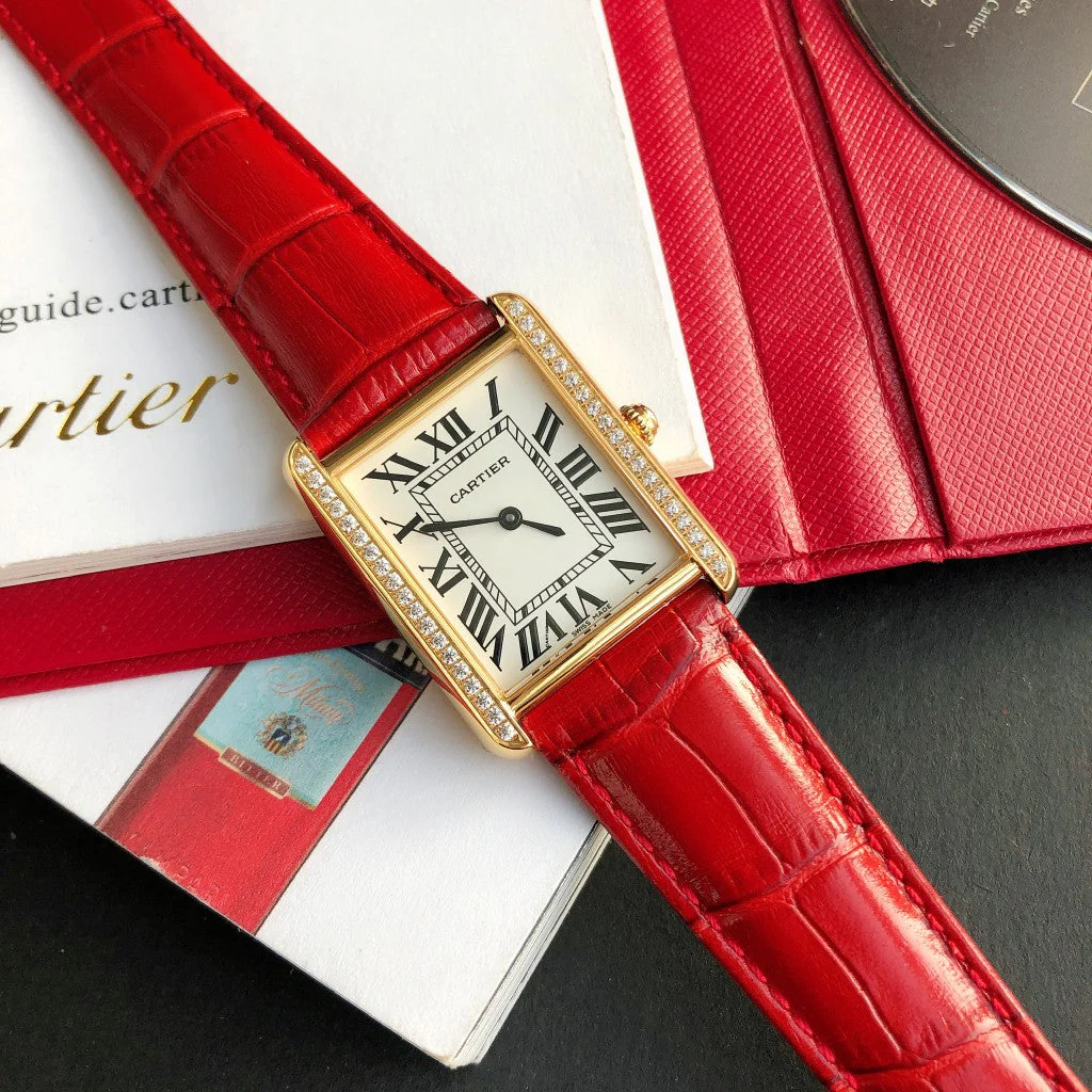 Cartier Watch TANK SOLO GOLD DIAMOND BEZEL RED CROCODILE LEATHER