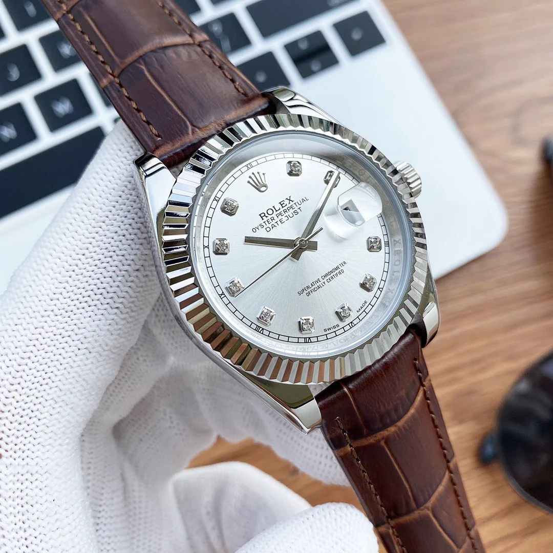Rolex Watch DATEJUST 41 STAINLESS STEEL DIAMOND NUMERALS LEATHER STRAP Watch