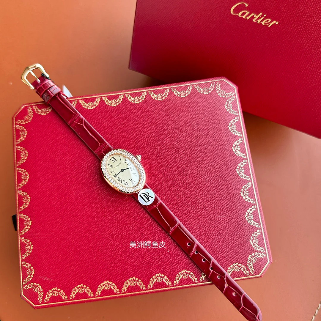 Cartier Watch Baignoire 23mm Pink Gold Case Diamond Bezel Red Leather Strap