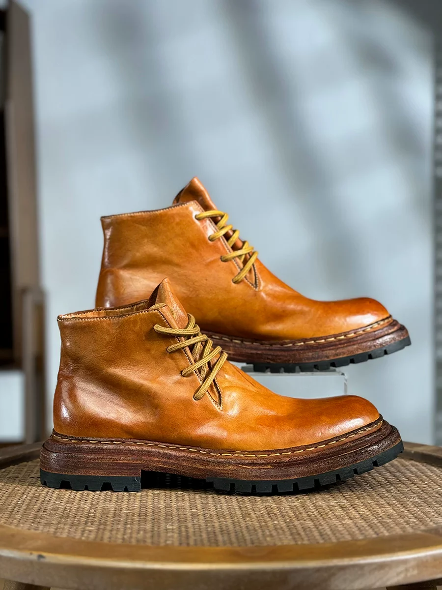 Handmade retro washed horsehide desert boots