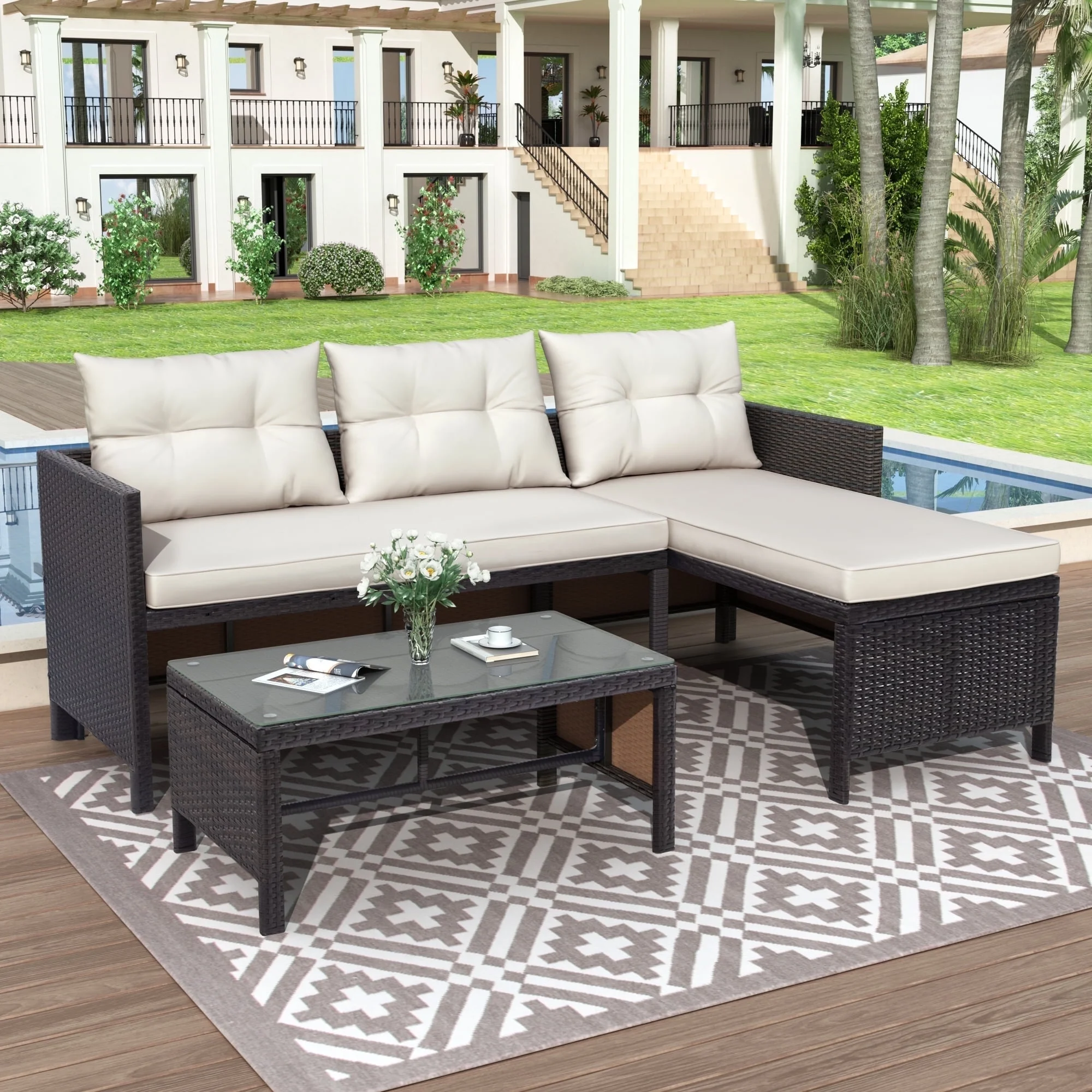 Enyopro 3 Piece Outdoor Patio Furniture Set, Wicker Rattan Conversation Set with Coffee Table & Cushions, All-Weather Sectional Sofa Seating for Garden, Balcony, Backyard & Porch