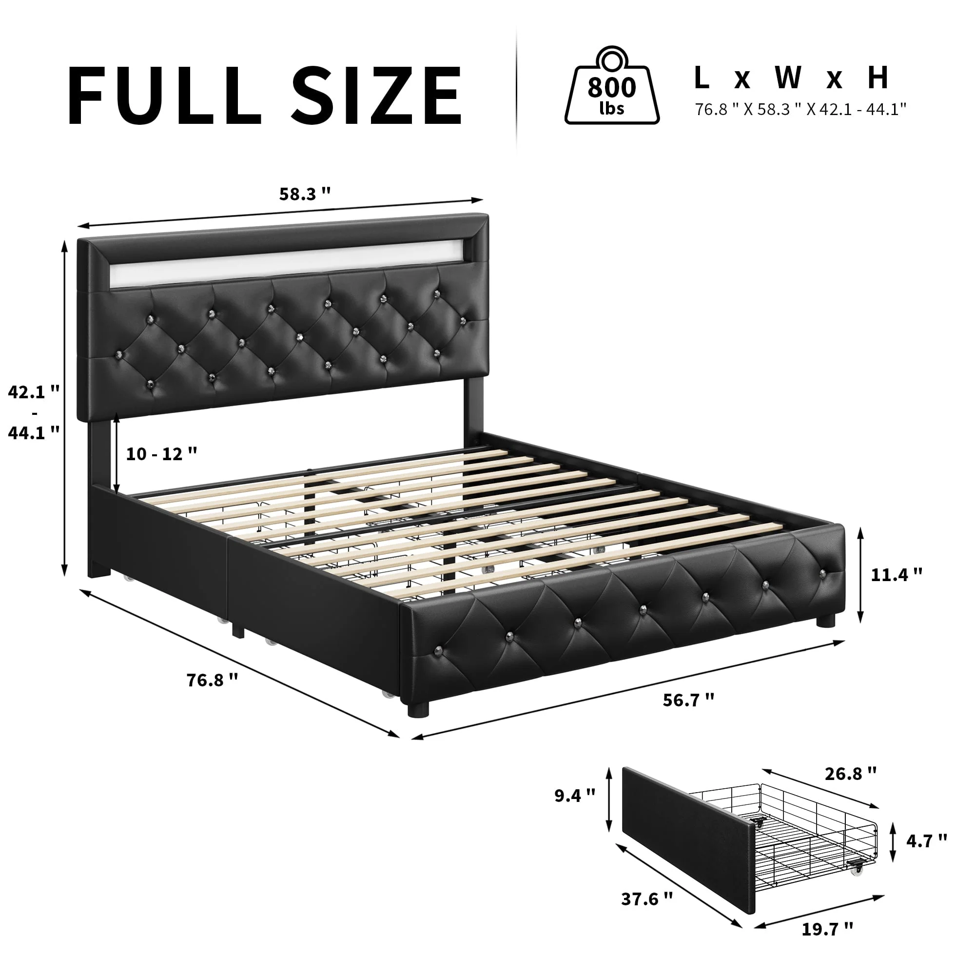 Homfa Full LED Bed Frame with 4 Storage Drawer, Upholstered Platform Bed with Adjustable Crystal Button Tufted Headboard, Black