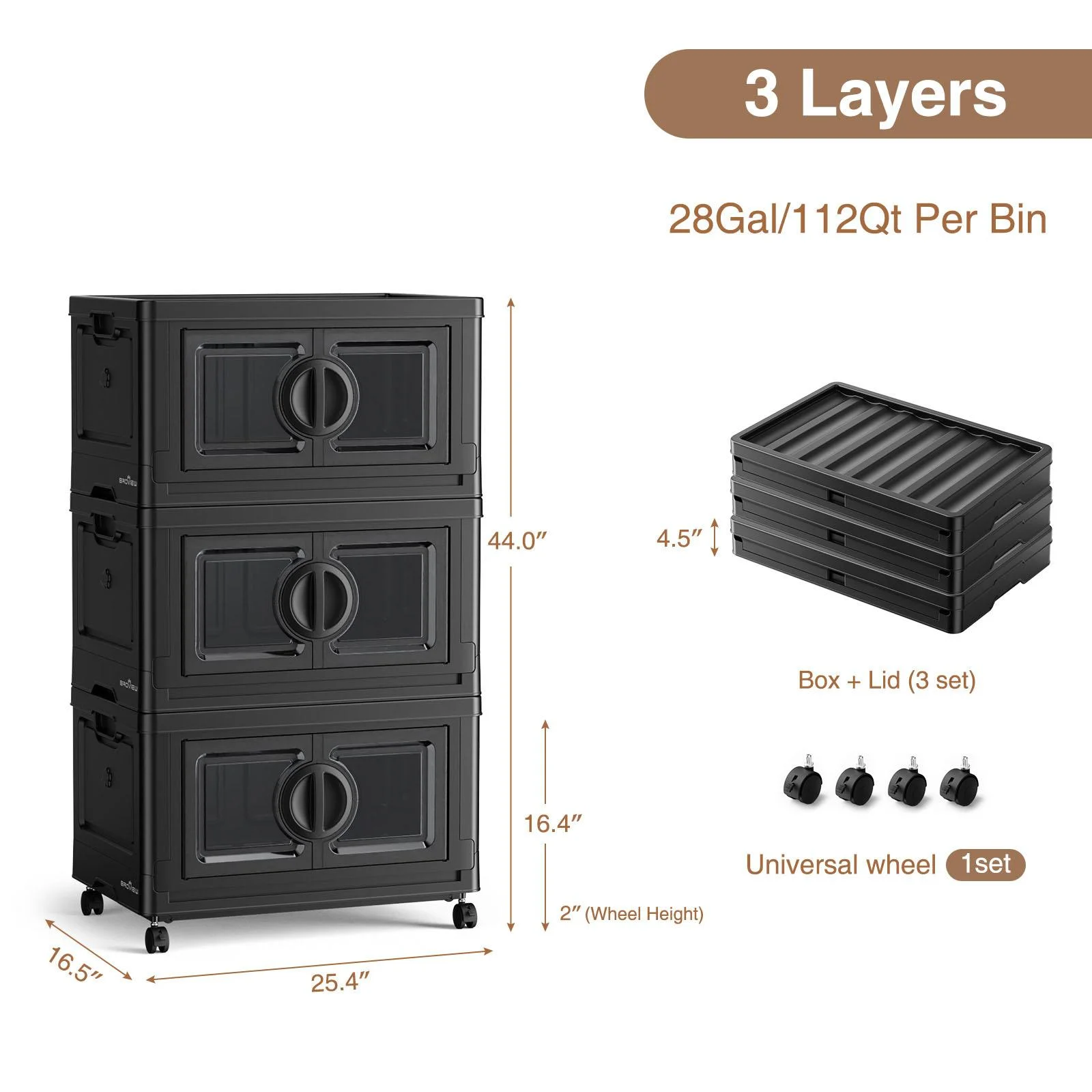 BROVIEW 84Gal Plastic Storage Bins with Lids, 336Qt Large Stackable Storage Bins with Wheels, Collapsible Closet Organizer and Storage Drawers, Storage Cabinets for Home, Office, 3 Pack, Black