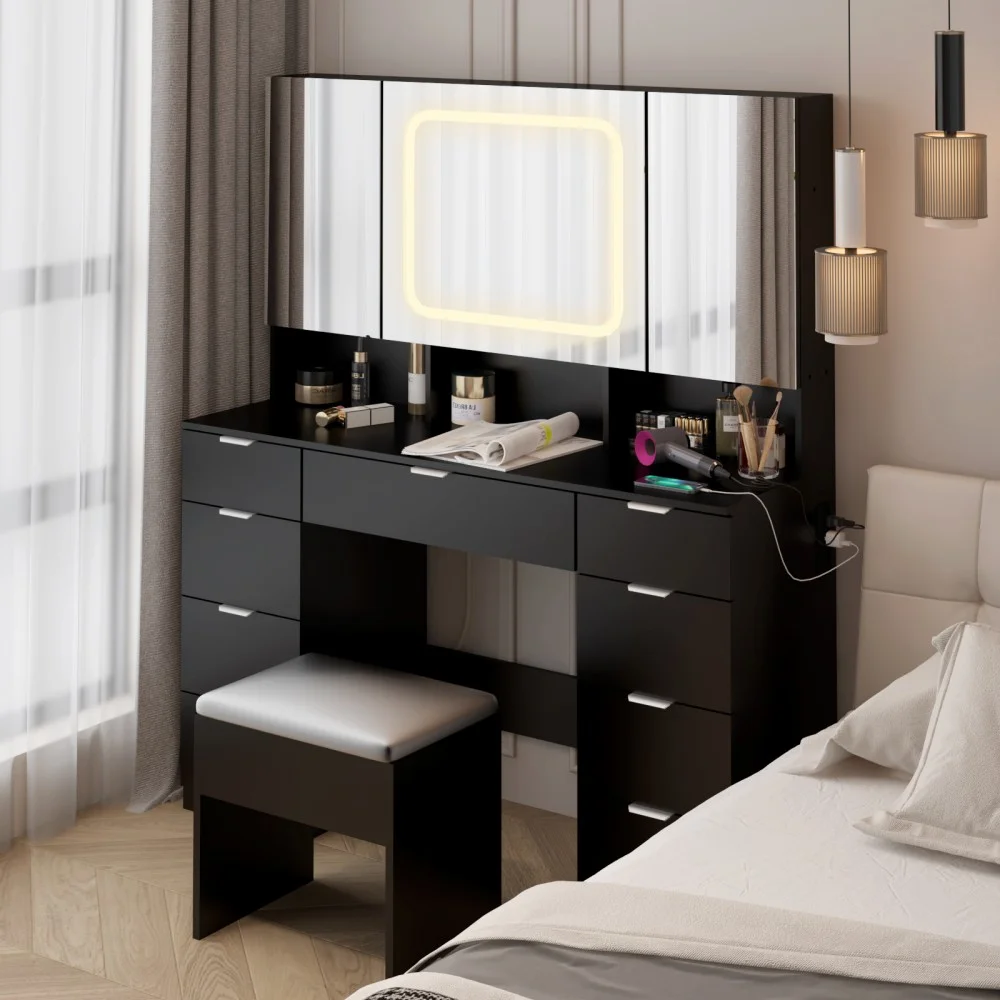 IVV Vanity Desk Set with Large LED Lighted Mirror & Power Outlet, Makeup Dressing Table with 9 Drawers and 3 Cabinets in Mirrored Doors, 47" Vanity Table with Cushioned Stool for Bedroom, Black