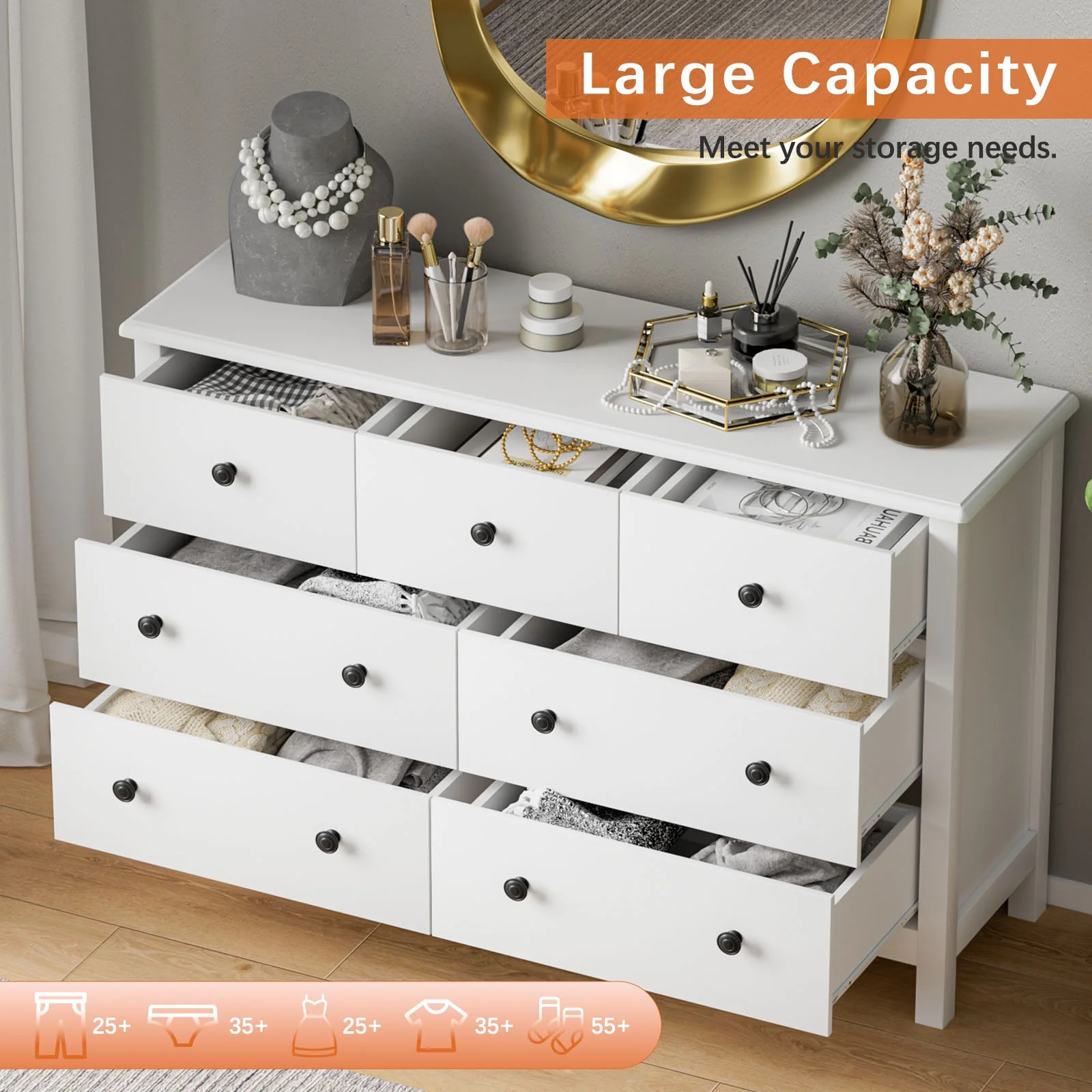 SINROM White Dresser for Bedroom Modern 7 Drawer Wood Double Dresser for Living Room