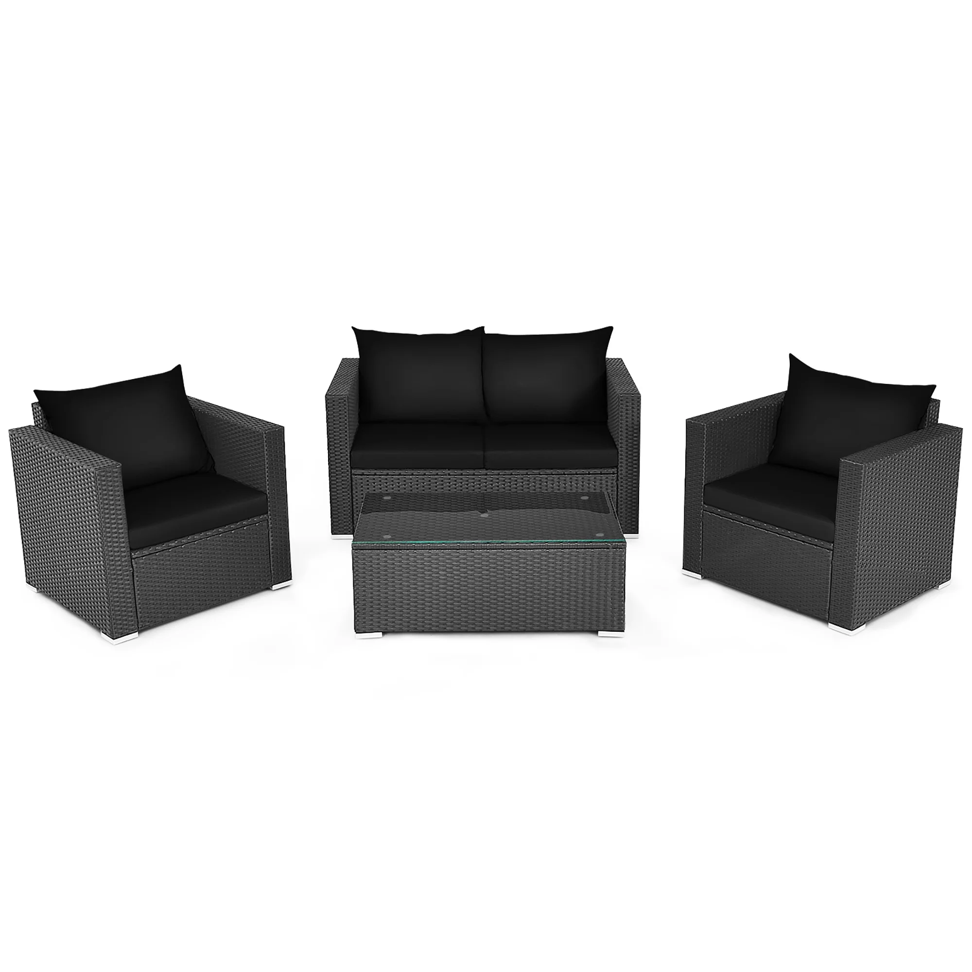 Costway 4PCS Patio Rattan Furniture Set Cushioned Sofa Chair Coffee Table Black