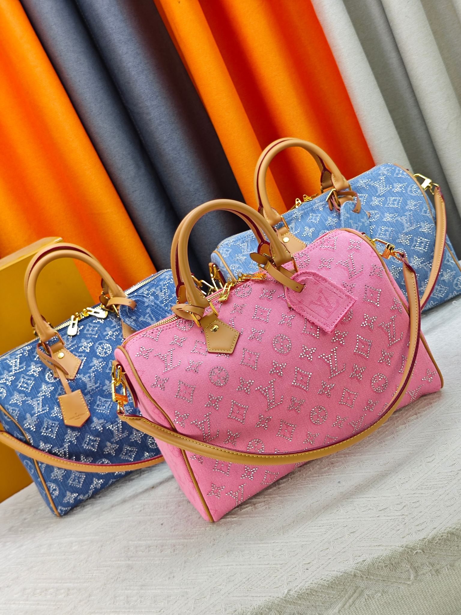LV Speedy 30 Full Crystal Rhinestone Monogram Denim Boston Top Handle Bag