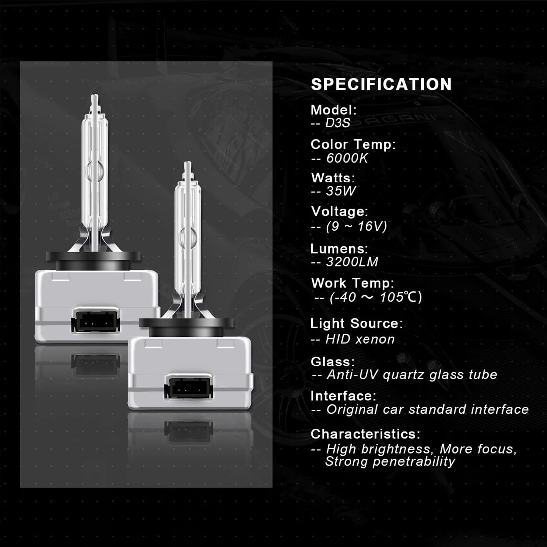 D3S HID Headlight Bulbs Xenon 6000K Cold White 35W Replacement 66340 42403 42302 Headlamp - Pack of 2