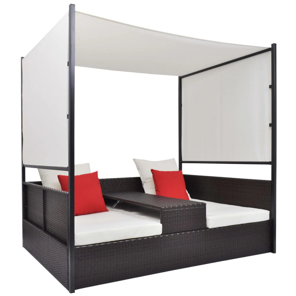 vidaXL Patio Bed Outdoor Patio Double Chaise Lounge with Canopy Poly Rattan