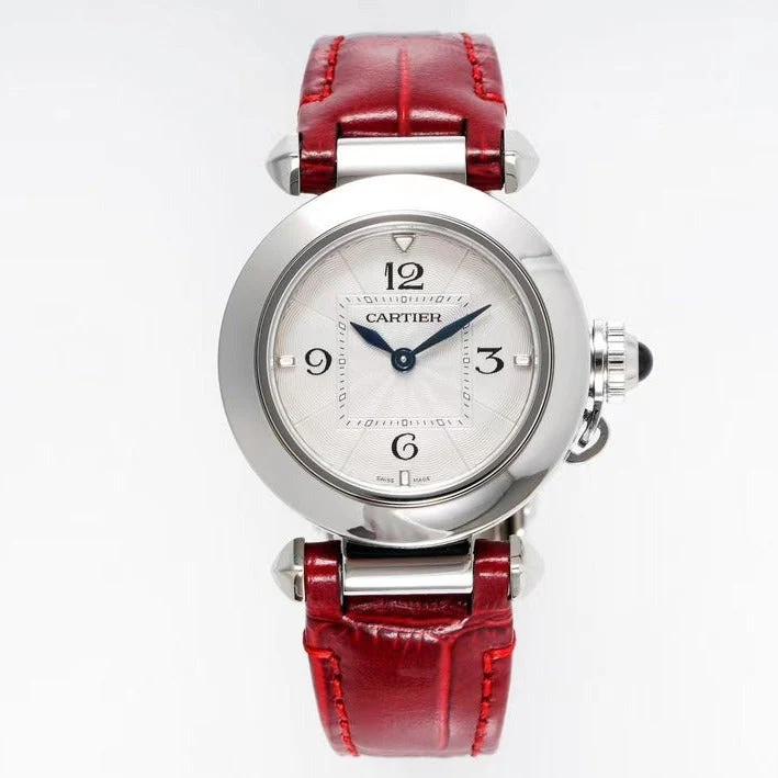 Cartier Watch pasha 30mm quartz stainless steel white dial red leather