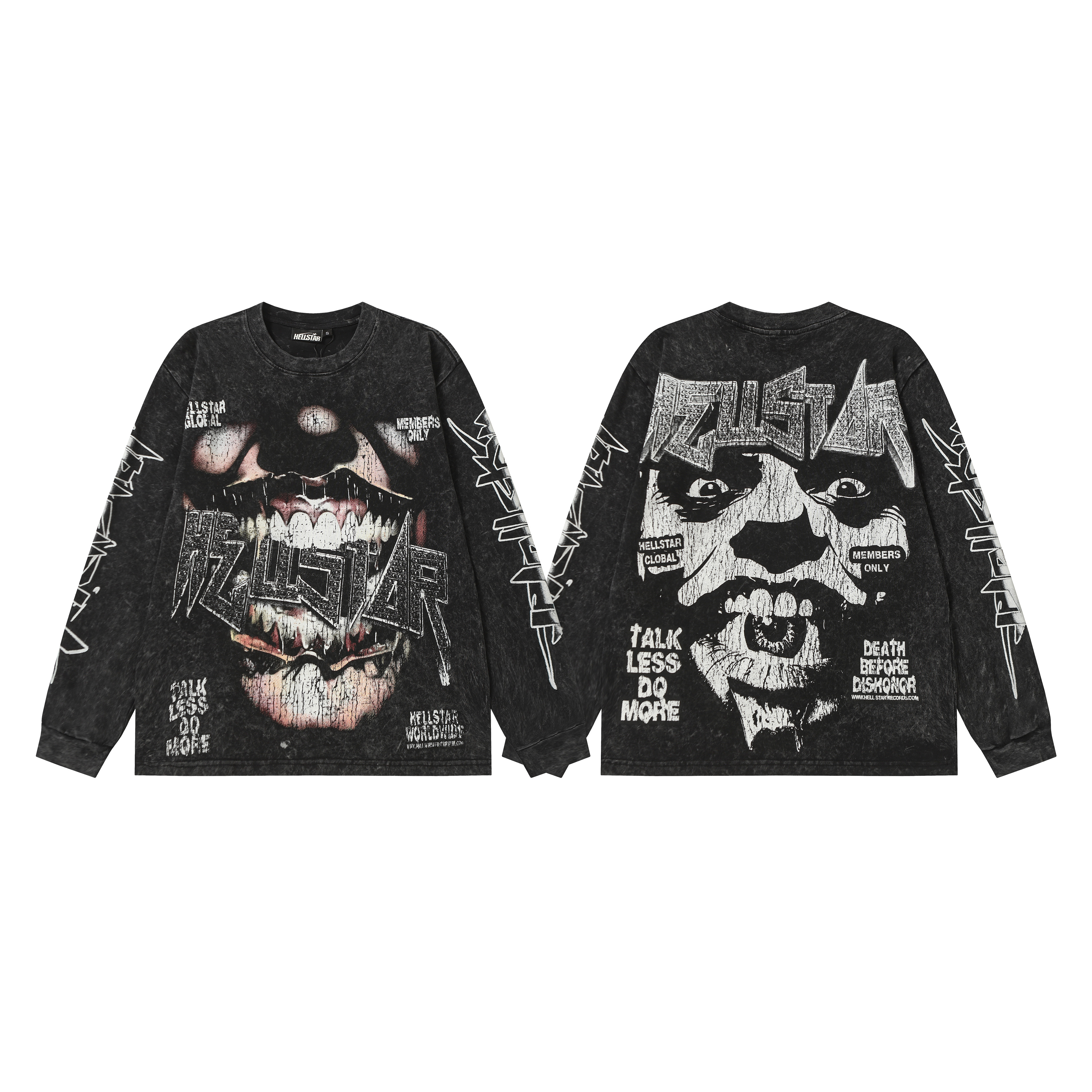 Street-style washed and distressed black long-sleeved T-shirt