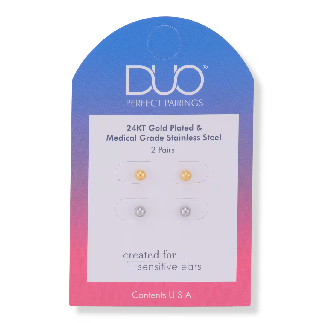 DUO Perfect Pairings  Stainless Steel and 24KT Gold Plate 4MM Ball Stud Set