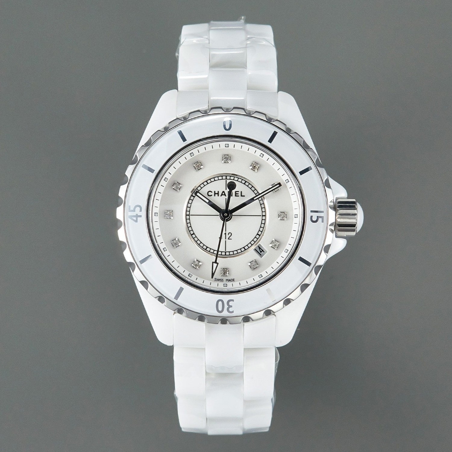 Chanel Watch J12 Date Quartz White Ceramic Diamond Numerals White Dial