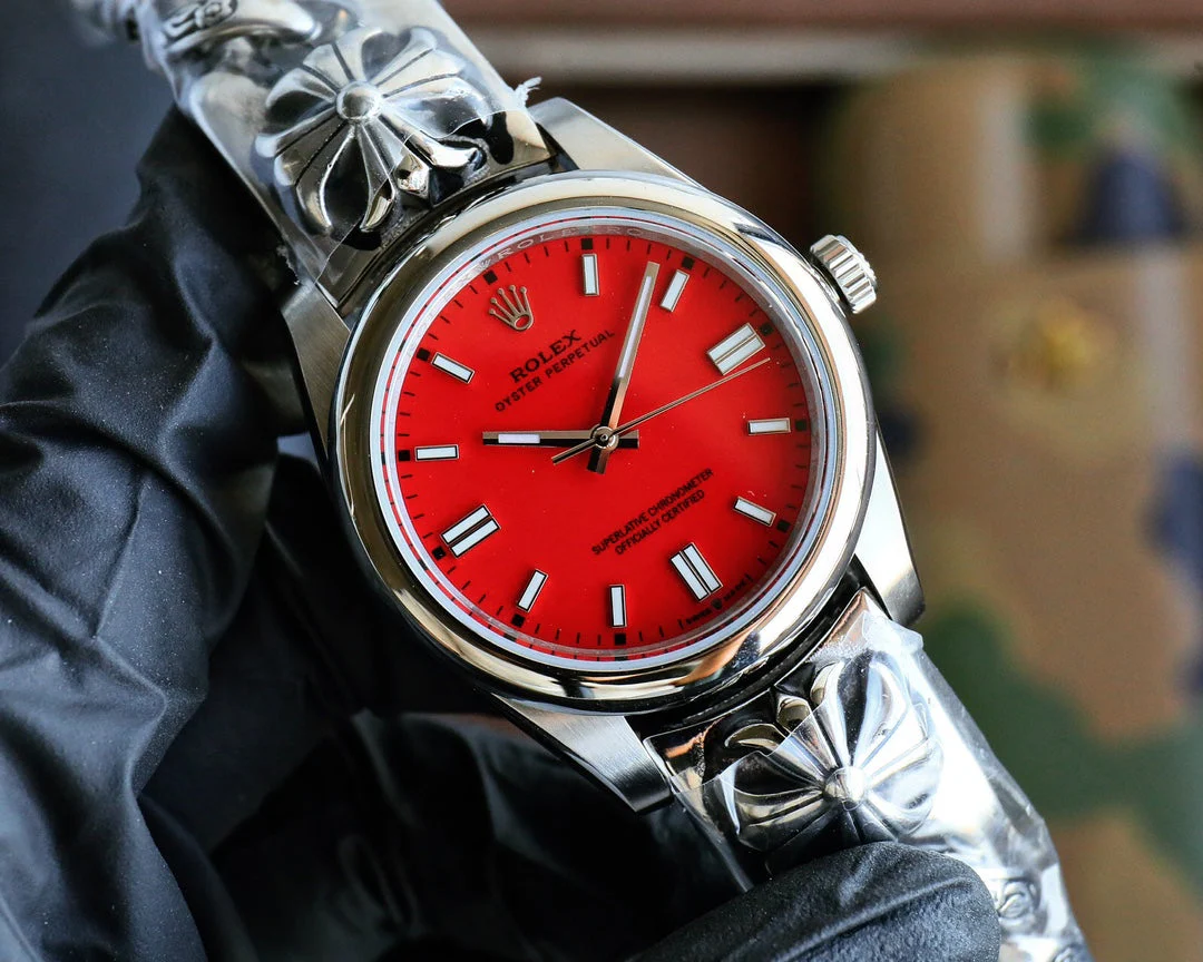 Rolex Watch Oyster Perpetual 41mm Silver Red Dial