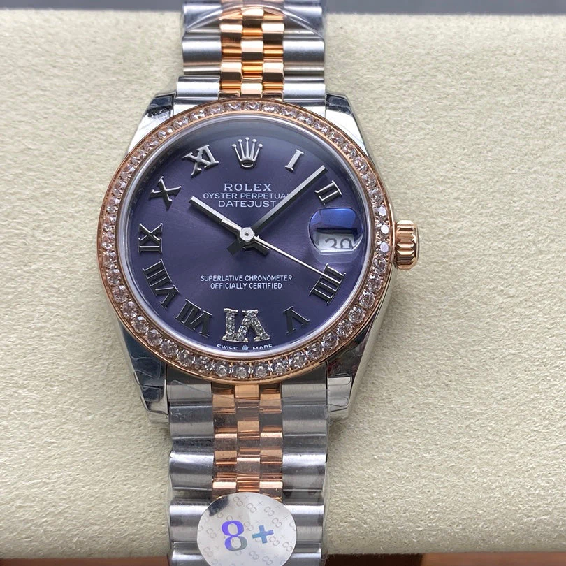 Rolex Watch Datejust 31mm Pink Gold Steel Diamond Bezel Aubergine Purple Dial