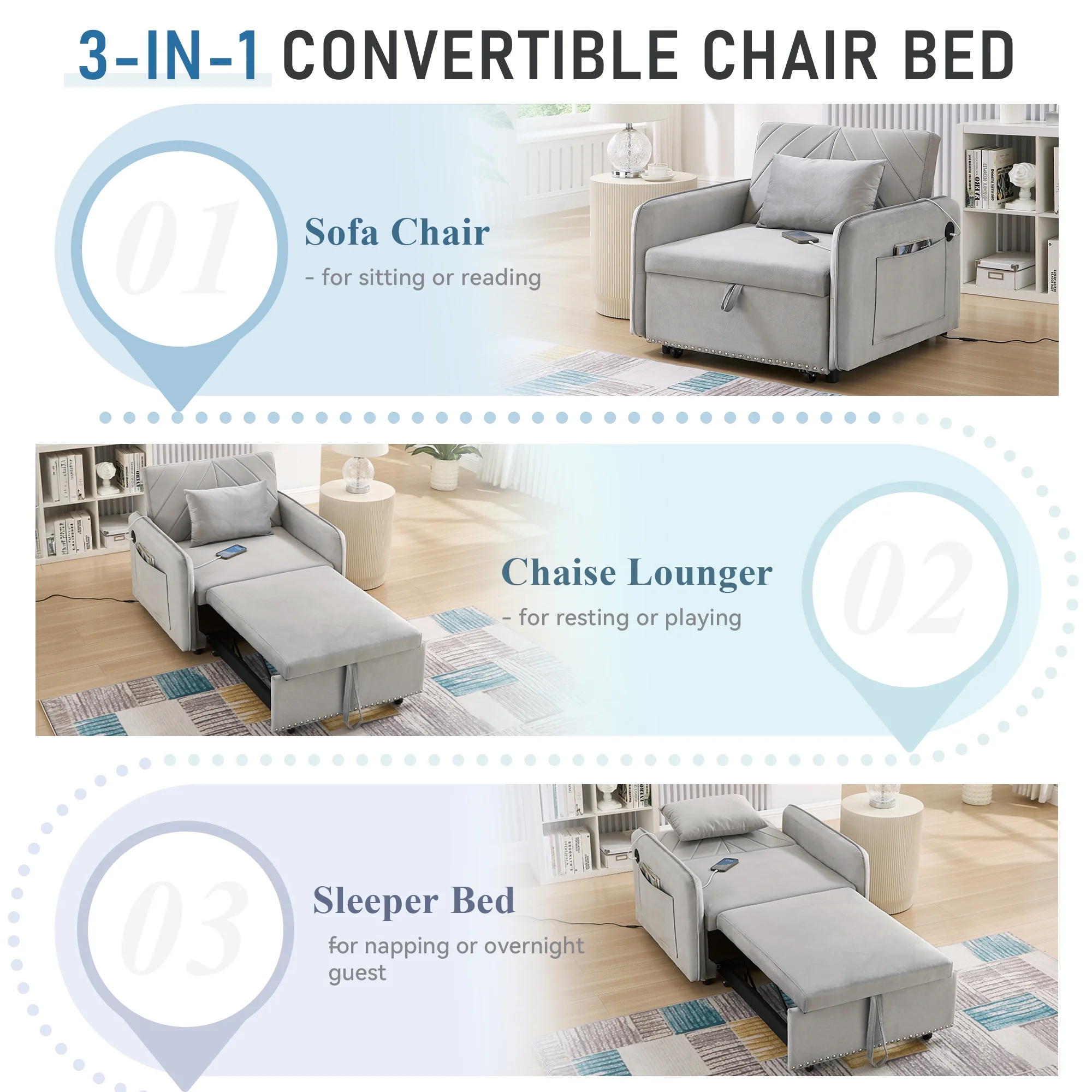 Lunale 3-in-1 Convertible Sleeper Chair Bed, Indoor Lounge Chair with USB/Type-C Charging Ports, Modern Recliner Sofa for Living Room, Gray Velvet