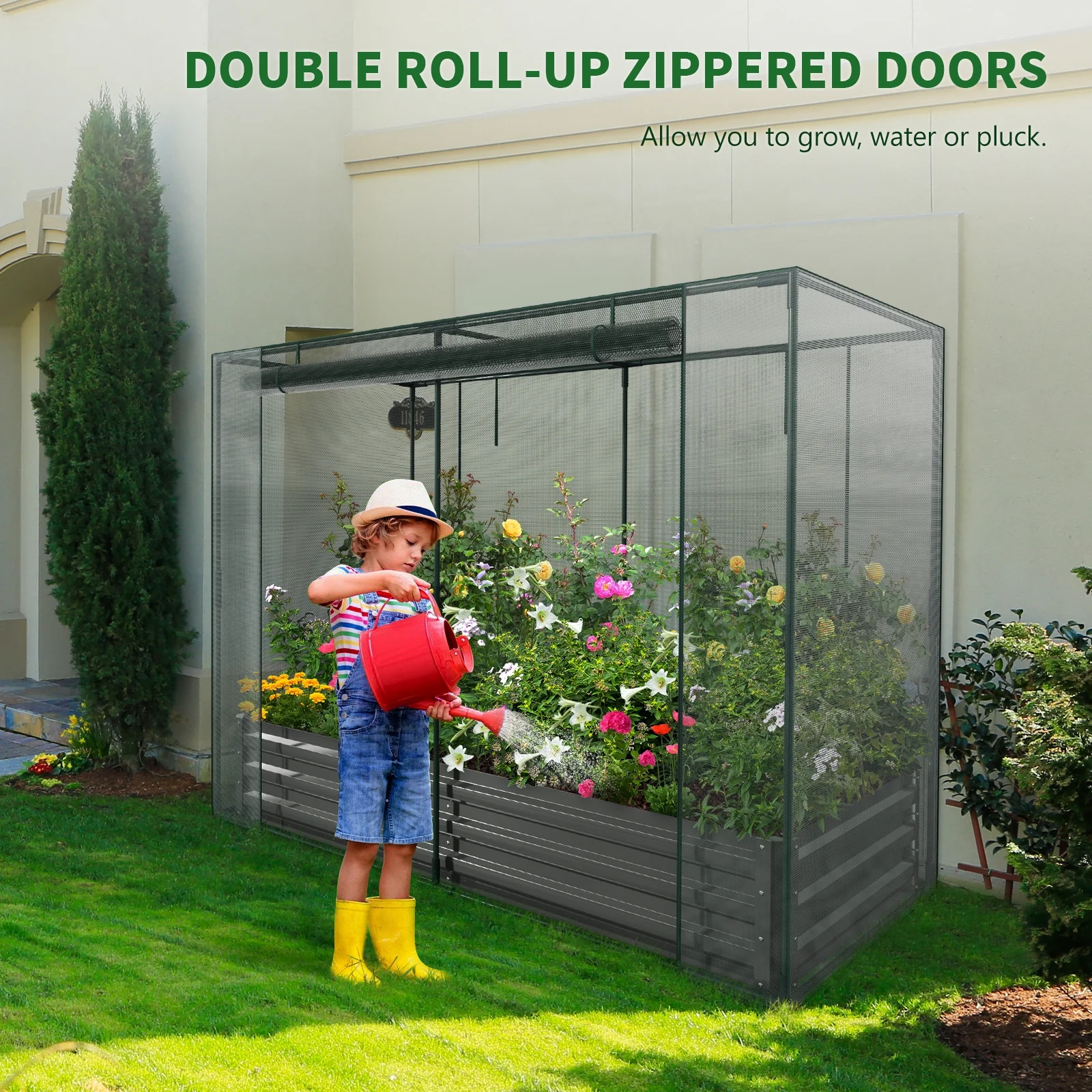 Slsy Galvanized Raised Garden Bed Kit w/Crop Cage Anti-Bird Netting Mesh Cover, 71" x 35.4" x 59" Large Metal Outdoor Planter Garden Boxes w/ 2 Roll-Up Zippered Doors, for Vegetables Herbs Flowers