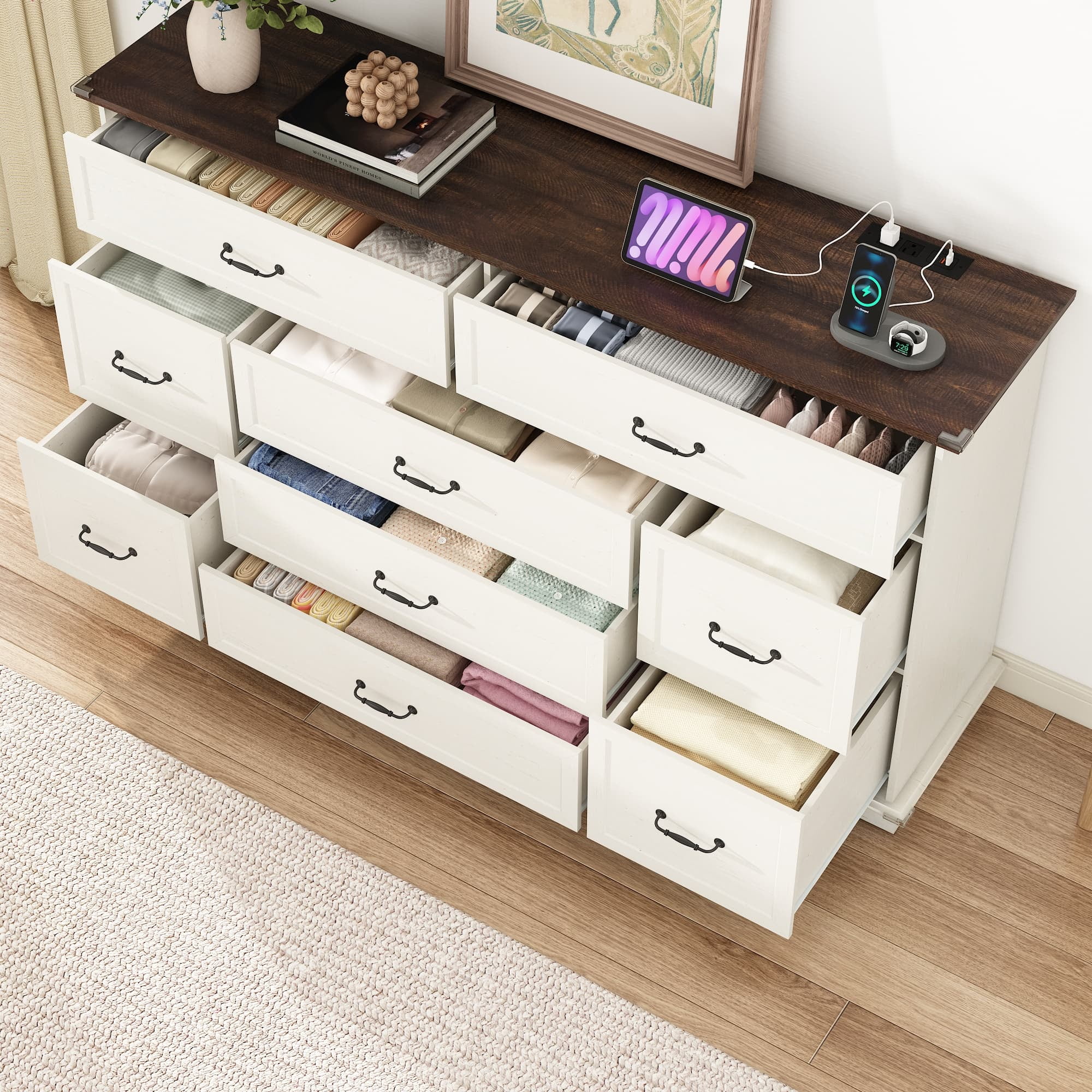 63" Farmhouse Dresser with 9 Drawers with Power Charging Station, Rustic Chest of Drawers Wood Organizer TV Stand for Bedroom Living Room