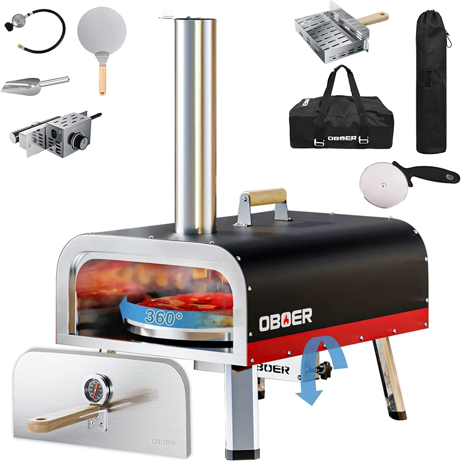 ABORON Outdoor Stainless Steel Pizza Oven ,13" Multi-Fuel Side Rotatable Pizza Ovens, Portable Wood Fired & Gas Pizza Oven ,With Gas Burner,Tray Pizza Stone , Pizza spatula & Carry Bag