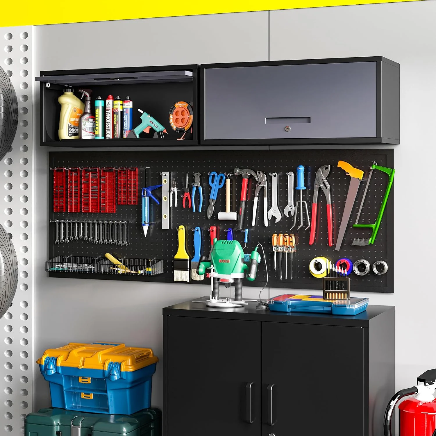 Metal Wall Storage Cabinet with Lock 2 Shelving Garage Storage Cabinet with Flip-Up Door Hanging Garage Cabinet for Kitchen Home Workshop,Assembly Required (Black Gray, 21.6''H)