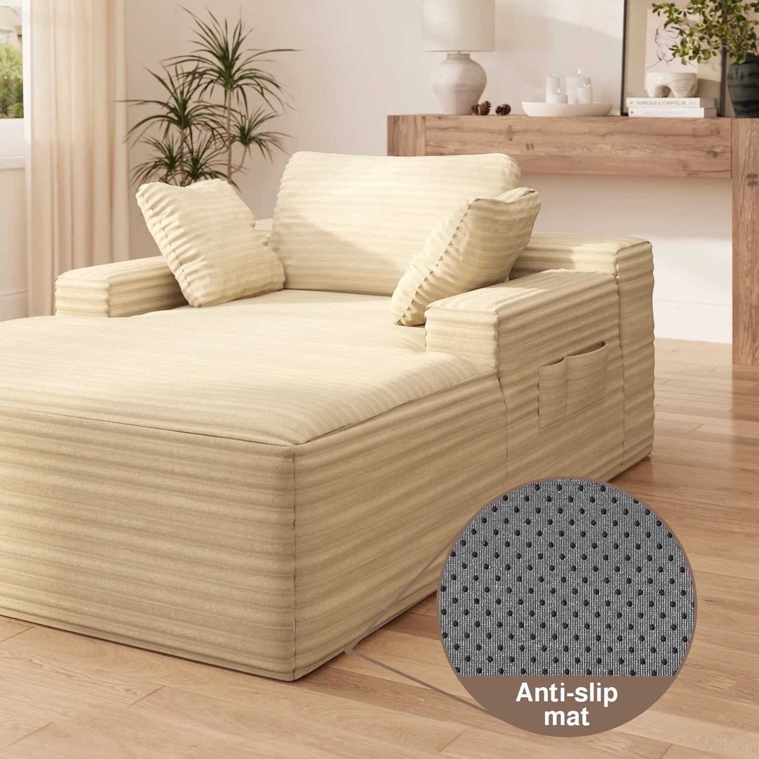 Lofka Oversized Chaise Lounge Indoor, 66"D Corduroy Upholstered Boneless Sofa Bed for Reading on Living Room & Bedroom, No Assembly Required (Beige)