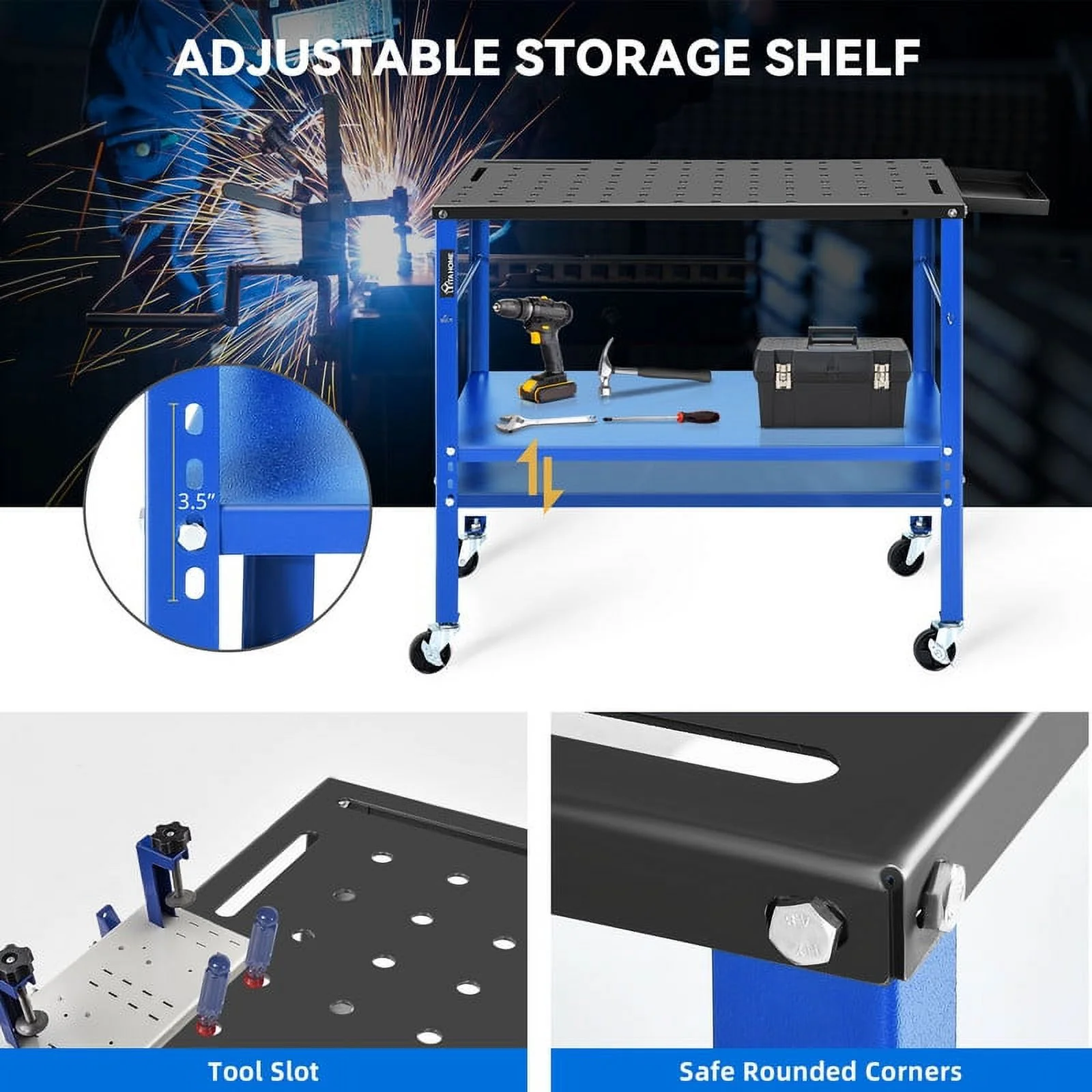 Uforic Welding Table w/360 Degree Swivel Brake Casters, 1200lb Load Capacity Heavy Duty Metal Workbench with 5/8" Holes for Welding Sawing, 36" x 18"