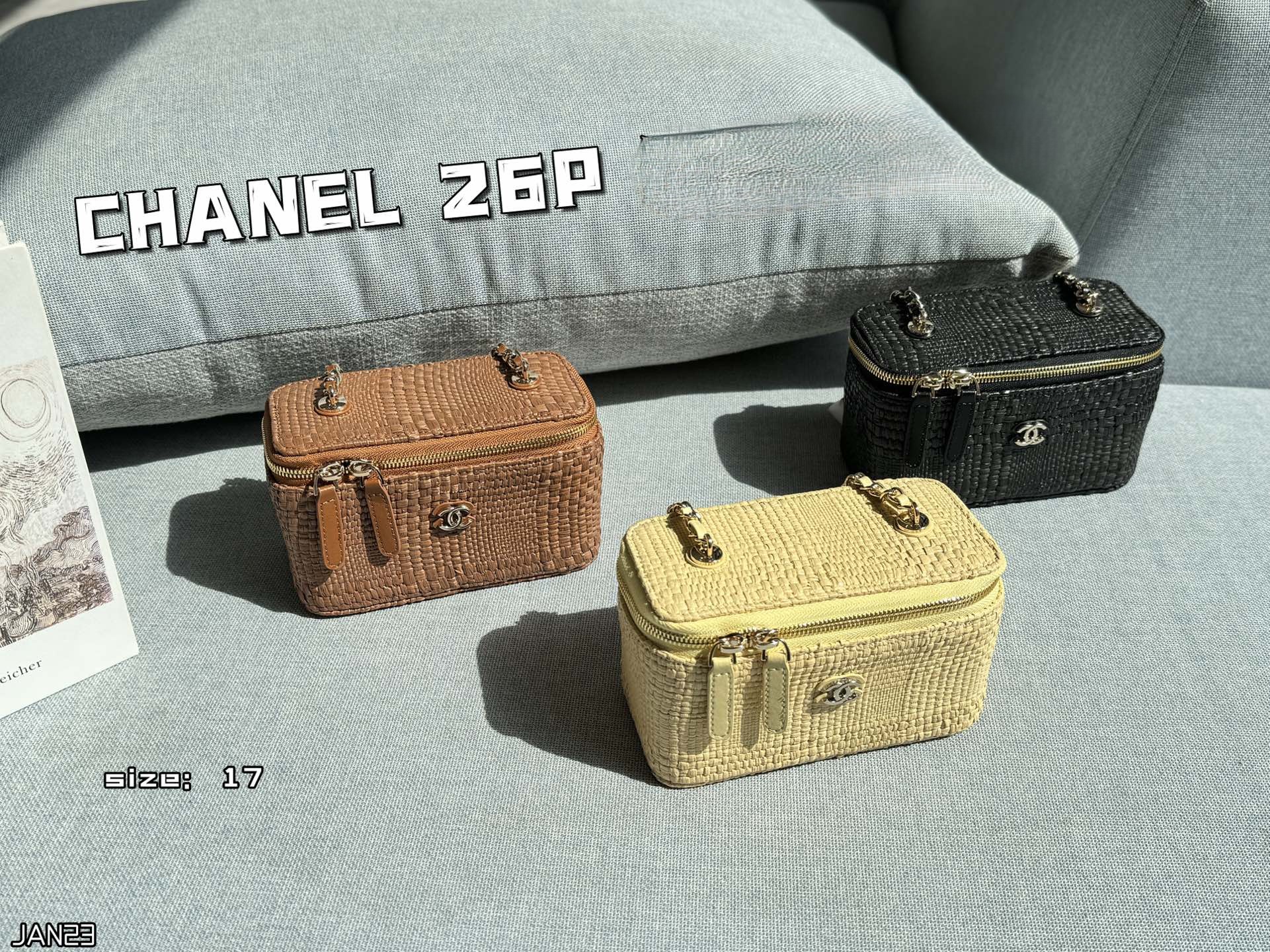 Chanel 26P Woven Raffia Compact Boxy Vanity Case Leather Top Handle Crossbody Bag