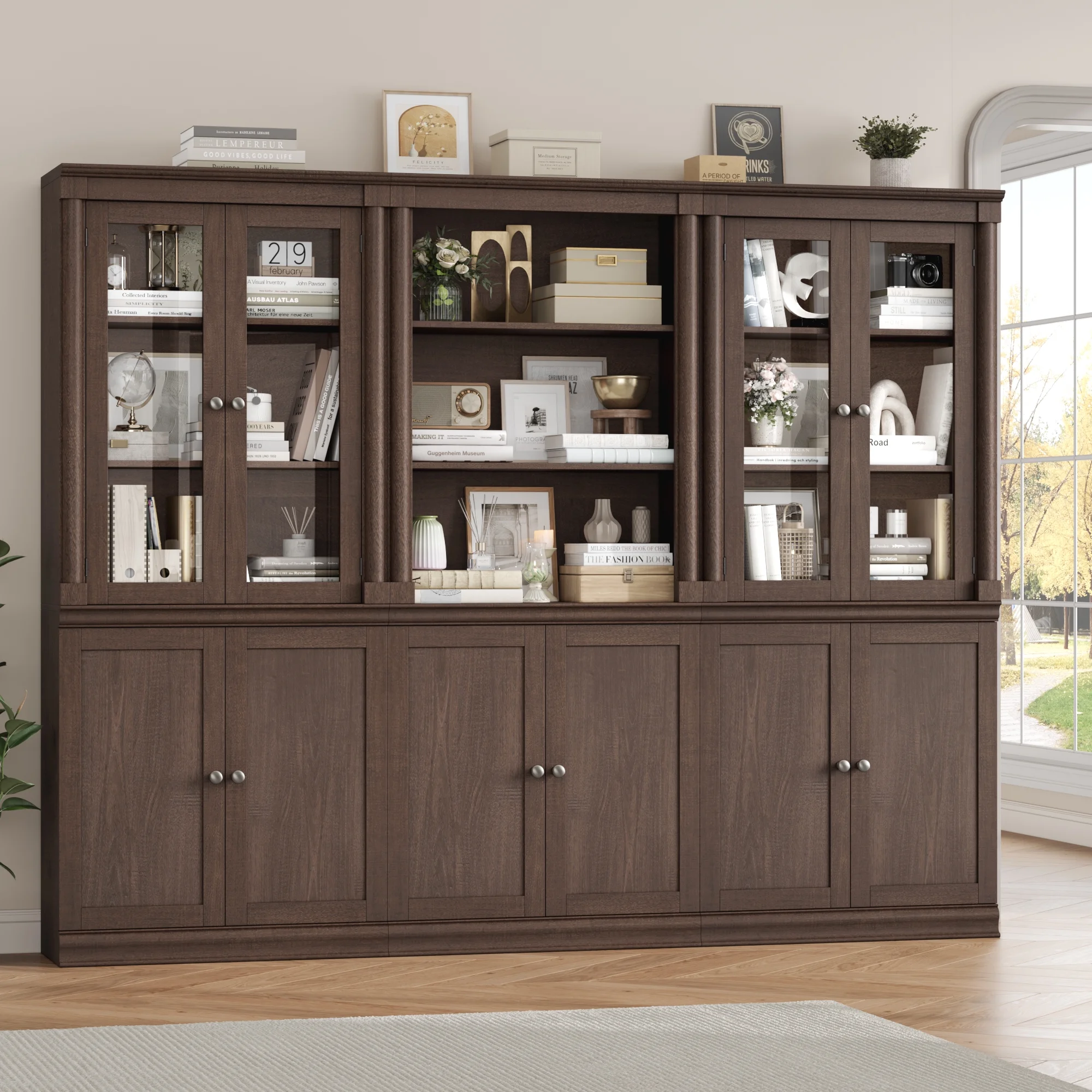 Homfa 71"H Bookcase with Glass Doors, 5 Tier Storage Bookshelf with Adjustable Shelf for Study Home Office,Reddish-Brown
