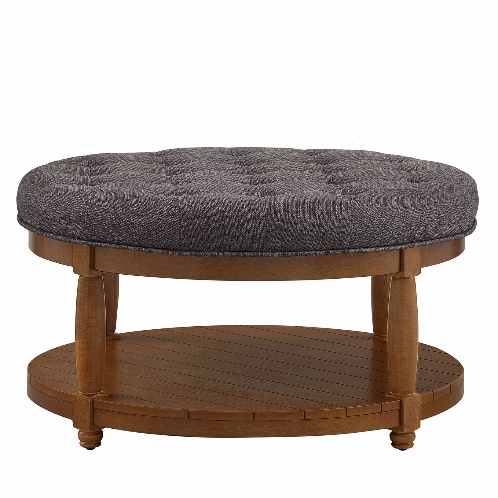 CQSXDA Large Round Upholstered Tufted Linen Wood Shelf Storage Coffee Table, For Living Room, Dark Charcoal