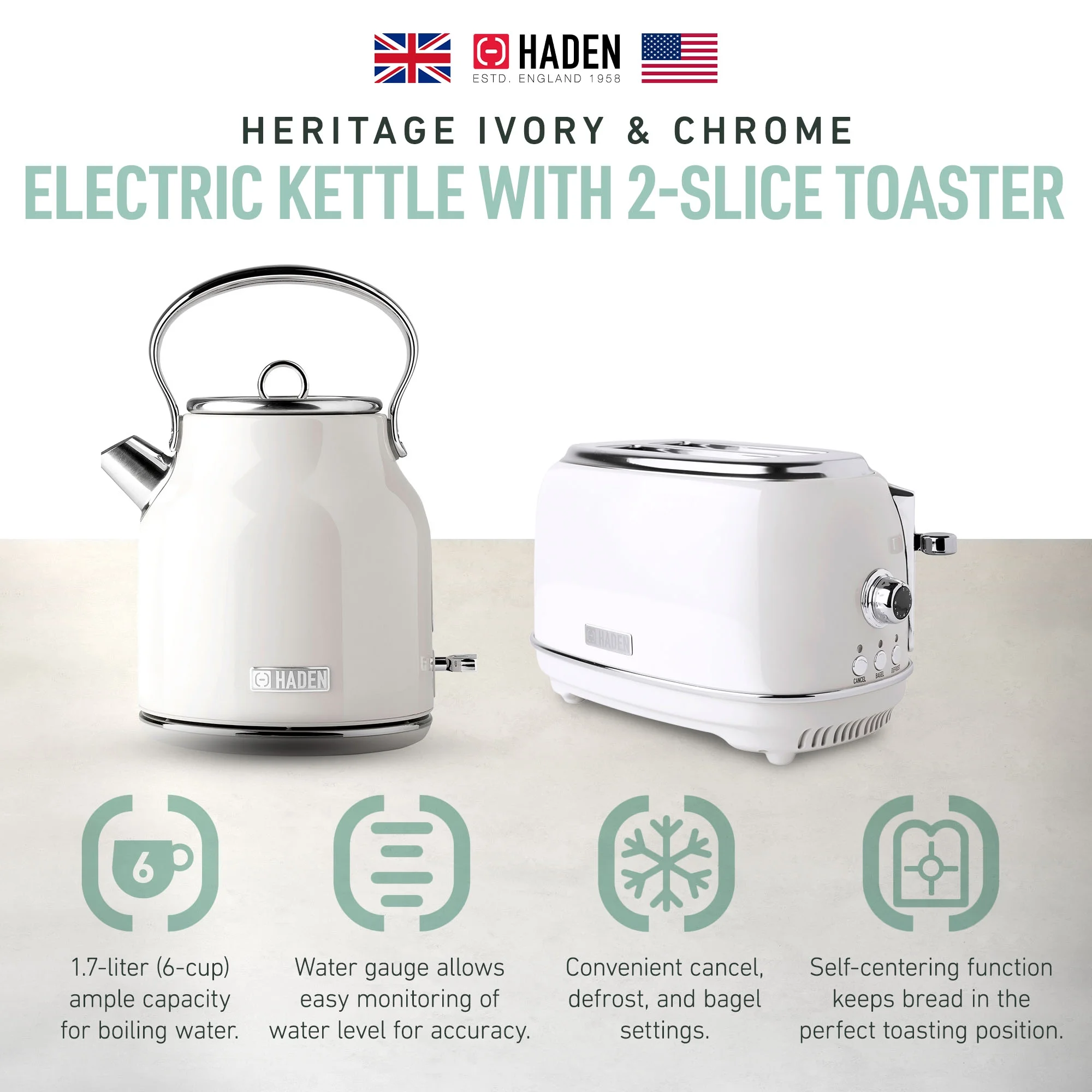 Haden Heritage 1.7 Liter Electric Kettle with 2 Slice Bread Toaster, White