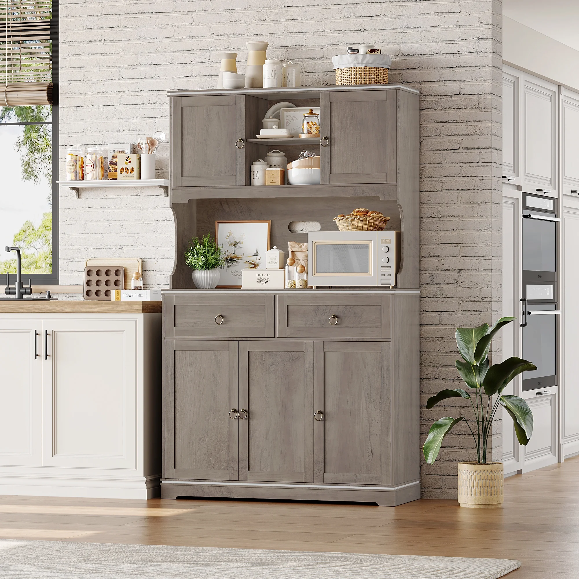 Homfa 70.8H Pantry Cabinet with Hutch and Adjustable Shelf, 5 Door 2 Drawer Coffee Bar Storage Cabinet with Power&USB Outlet for Kitchen Dining Room, Taupe