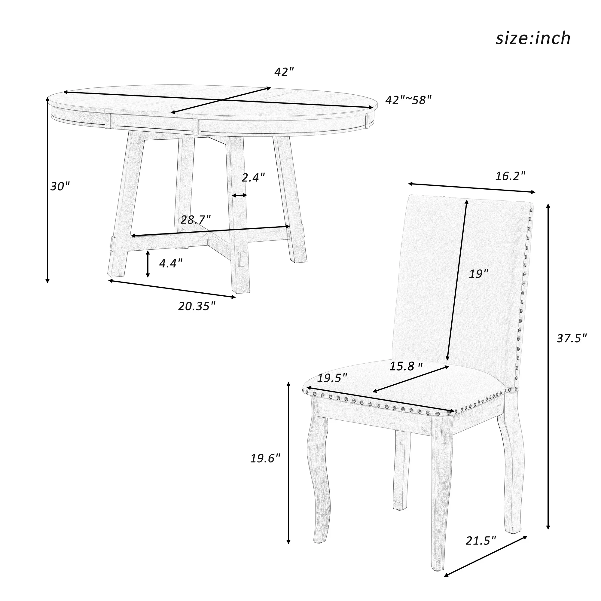 Harper & Bright Designs Round Extendable Dining Table Set for 4, 5 Piece Farmhouse Wood Dining Table Set with 4 Upholstered Dining Chairs, Natural Wood Wash