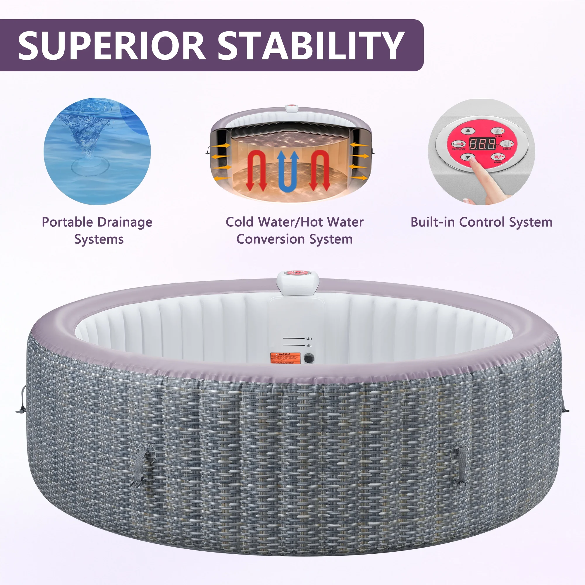 82" Portable Inflatable Hot Tub for Summer Water Party, 6 Person Hot Tub with Built-in Heating System with 130pcs Jet, Lockable Cover, Storage Bag, Cover, 264 Gallon Capacity, Rattan Pattern