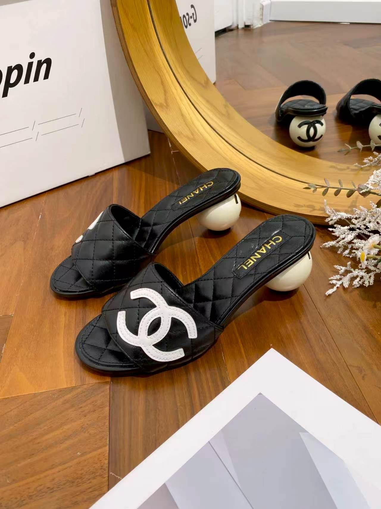Chanel Diamond Quilted Pearl Sculptural Heel Slides