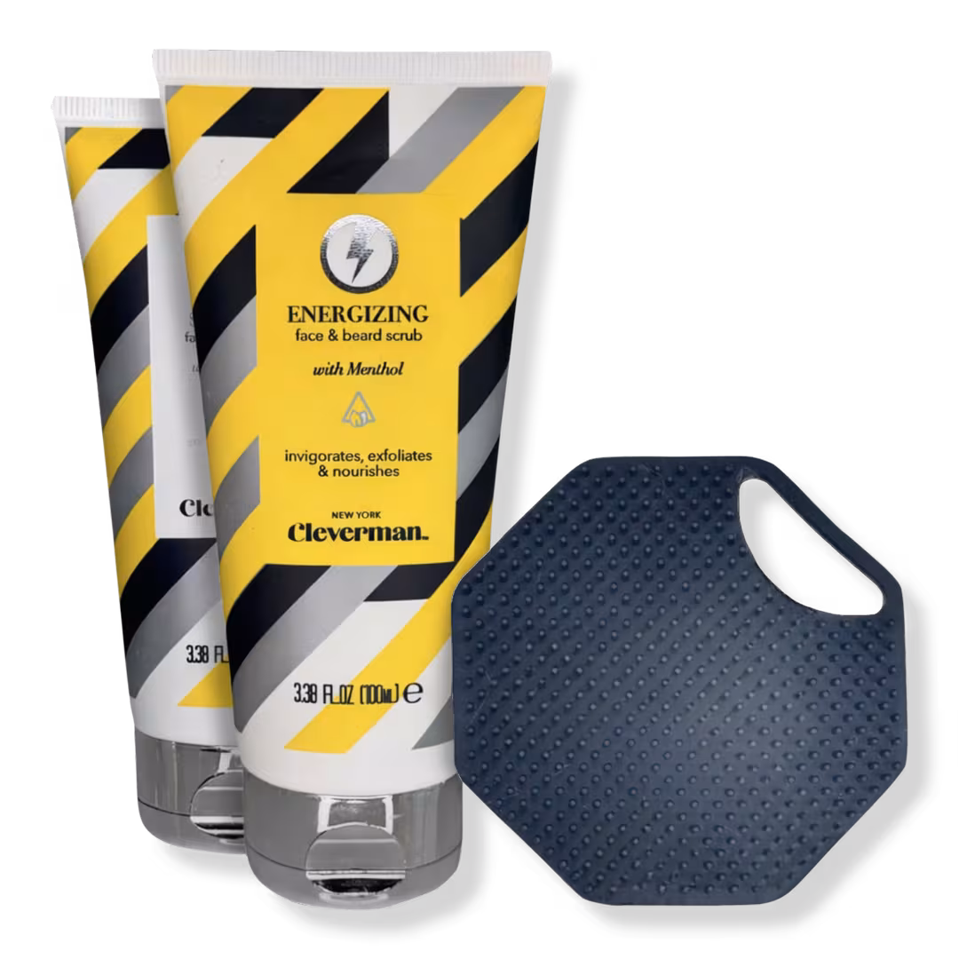 Cleverman  Men’s Energizing & Sensitive Face & Beard Scrub Set + Free Silicone Face Scrubber