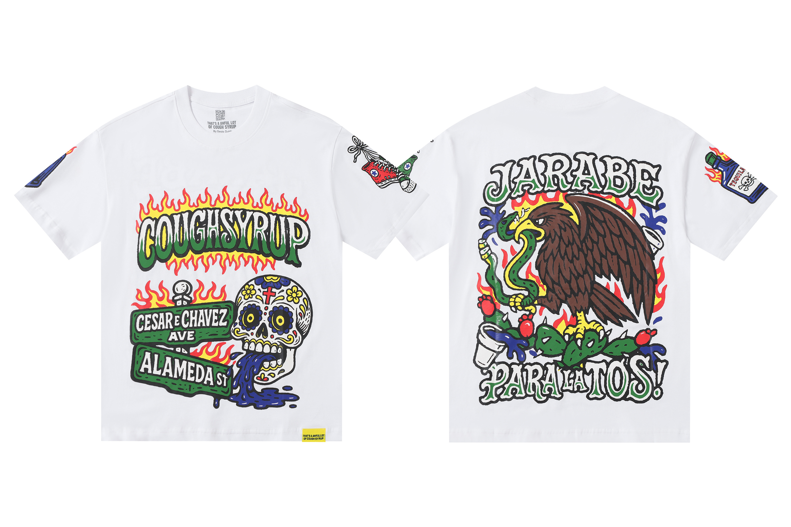 White background skull and eagle graffiti print short-sleeved T-shirt