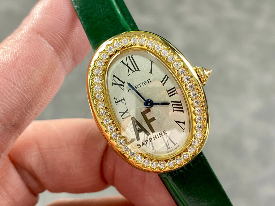 Cartier Watch Baignoire Gold Case Green Leather Strap