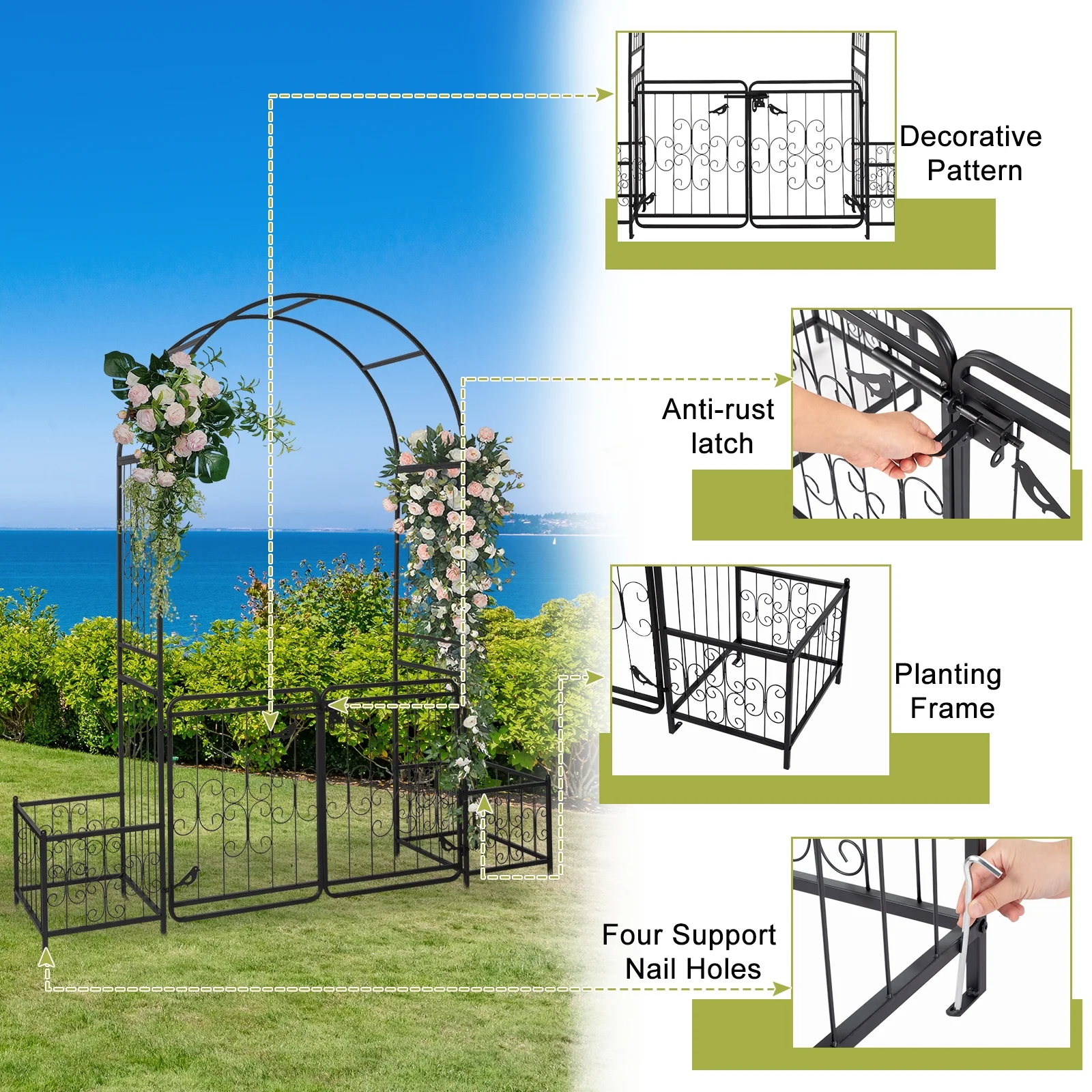 Zimtown Metal Garden Arch 7 Ft Garden Arbor w/ Planters for Climbing Plant Outdoor Wedding