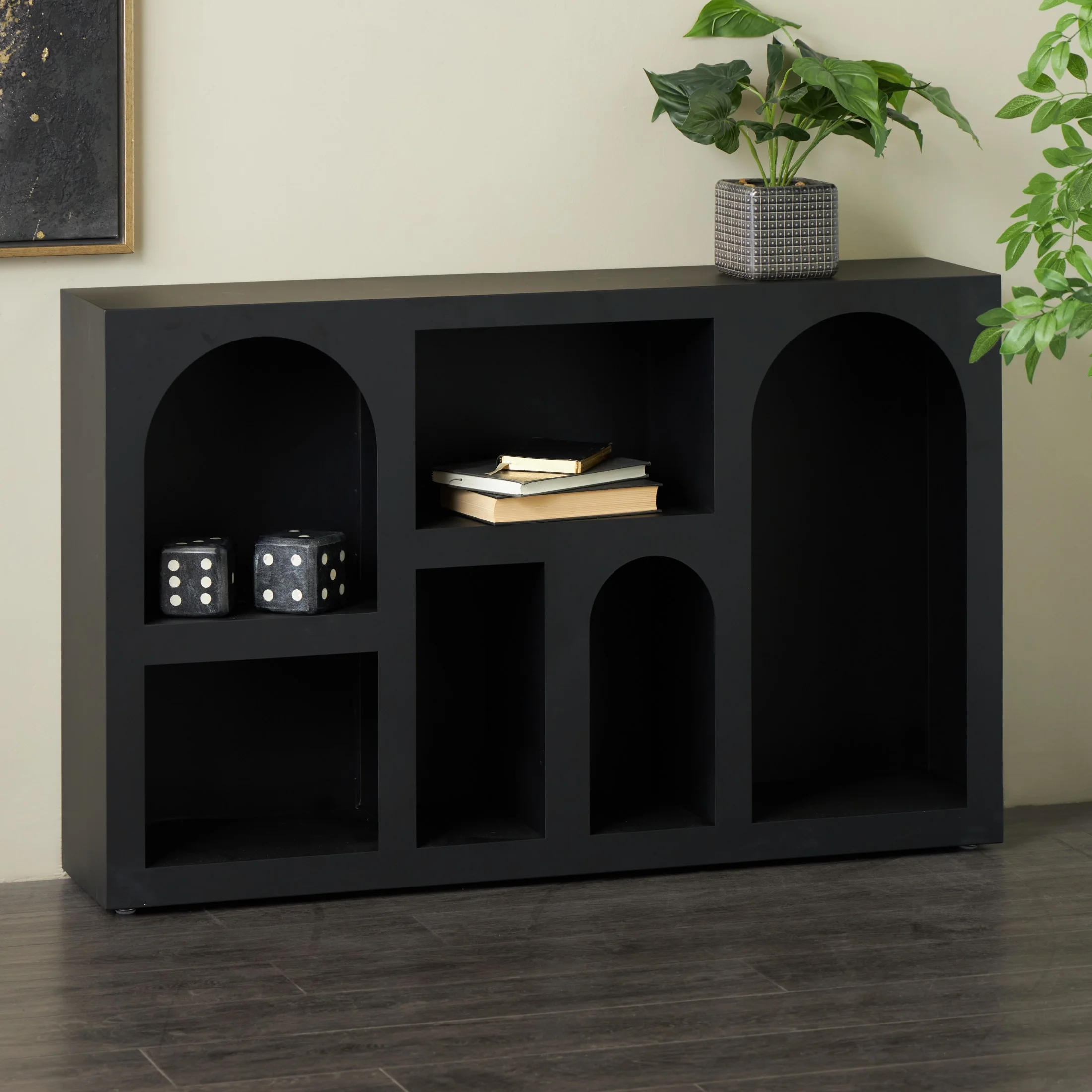 DecMode 47" x 30" Black Metal Geometric 6-Tier Shelving Unit with Arched Block Shapes, 1-Piece