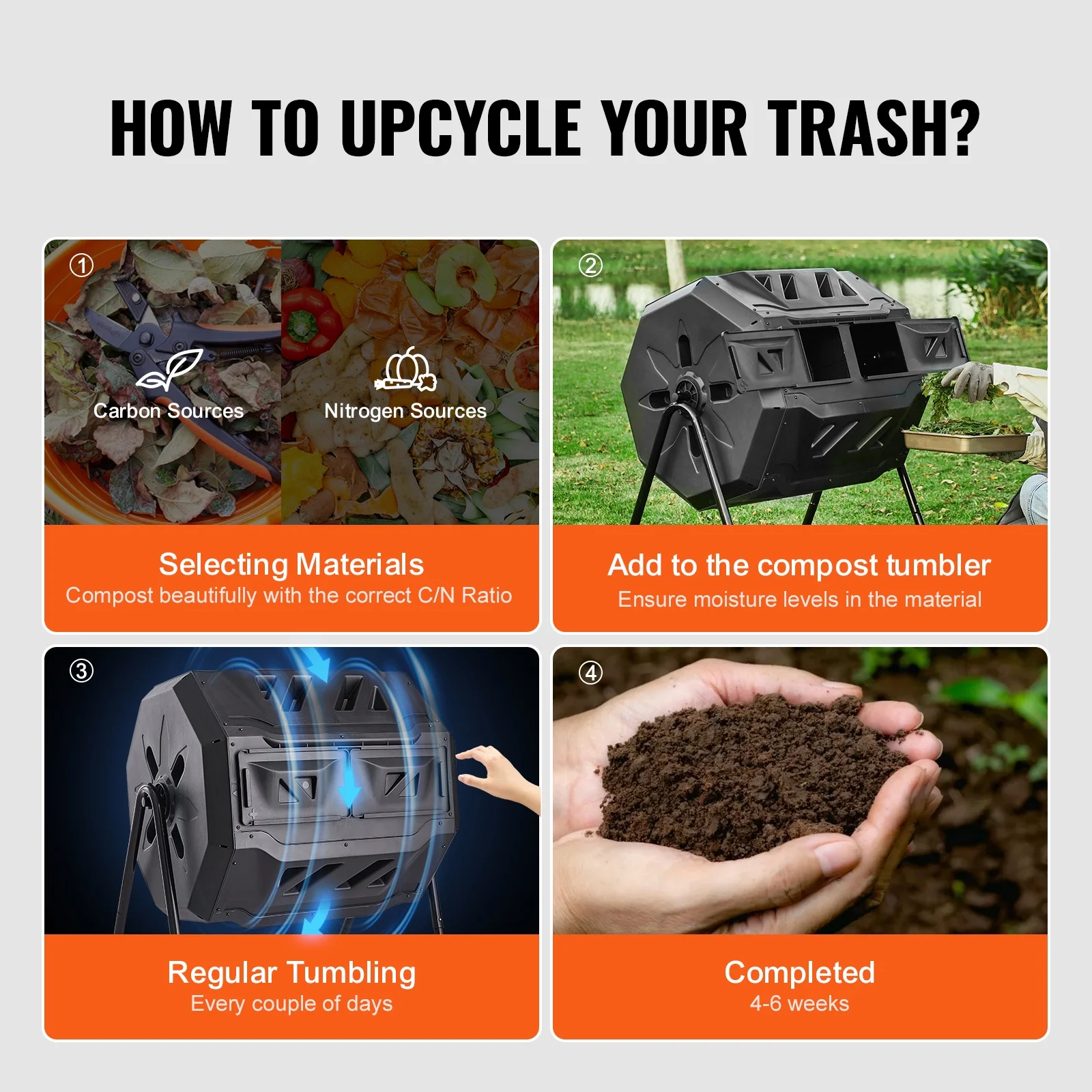 KFFKFF Composting Unit, 43-Gal Two-Section Rotating Compost Mixer, Spacious Tumbler with Dual Access Doors & Metal Support, Eco-Friendly Garden/Kitchen Waste Solution for Outdoor Use