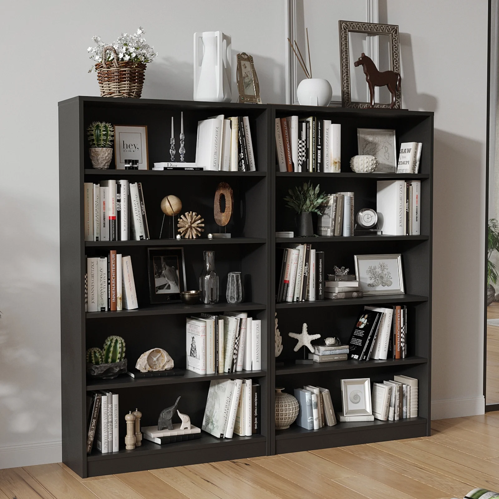 STARY 5 Tiers Bookcase, Wooden Bookcase with Adjustable Shelves for Home, Office, Black