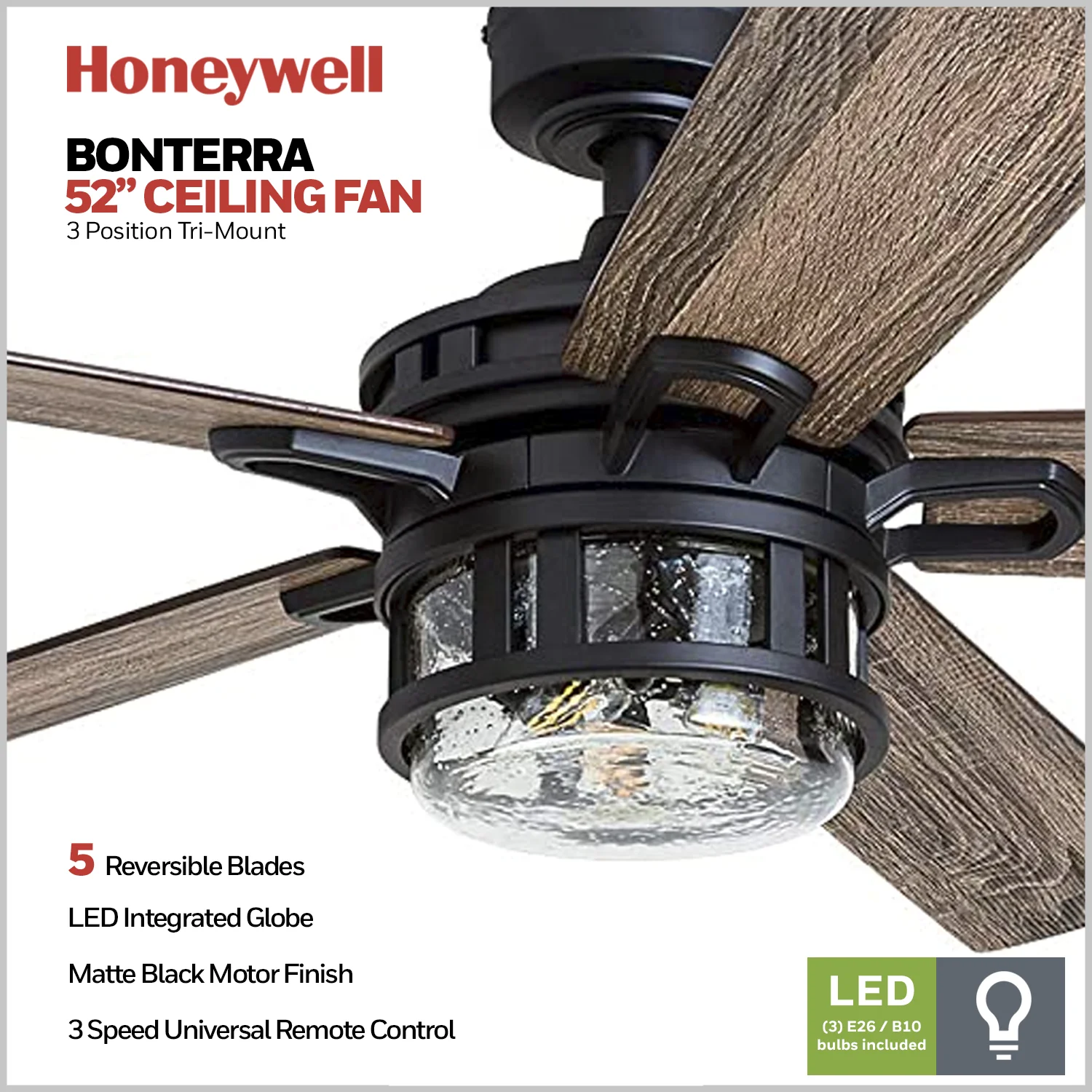 Honeywell 52-Inch Bontera Indoor 5 Blade Matte Black Craftsman Ceiling Fan with Remote Control