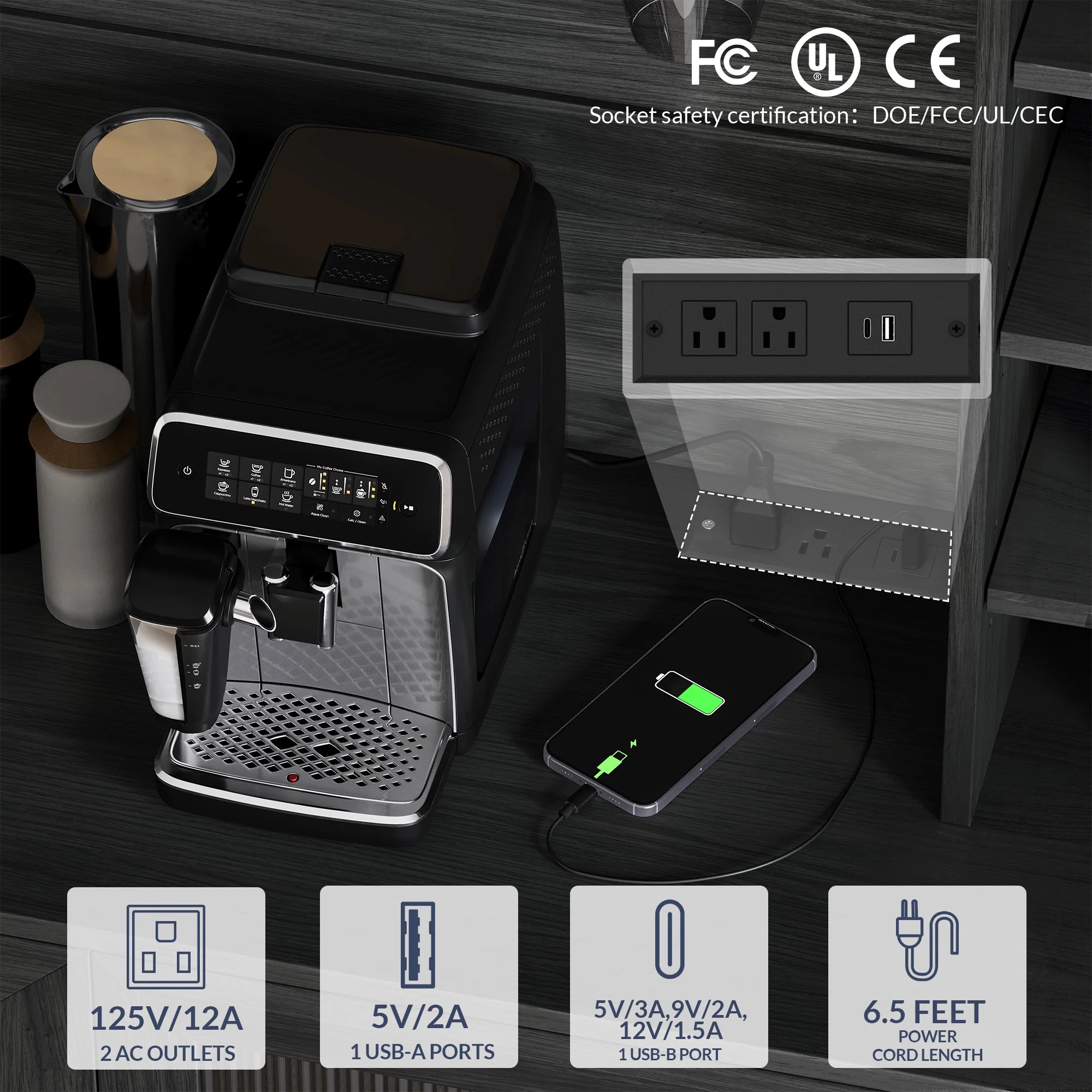 BELLEZE Coffee Wine Bar Cabinet with Power Outlet, 72