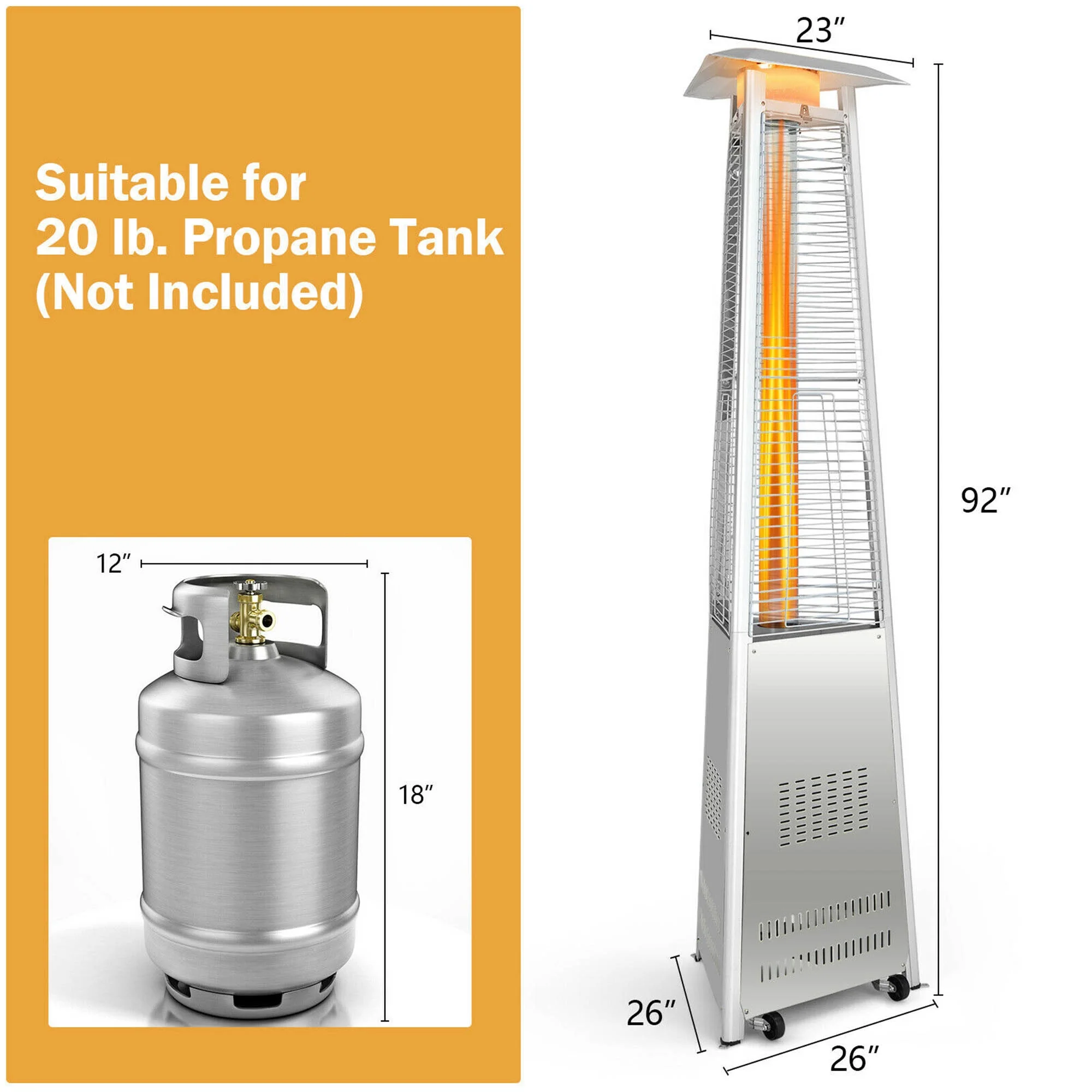 Gymax 42,000 BTU Stainless Steel Pyramid Patio Heater Glass Tube Flame W/ Wheels