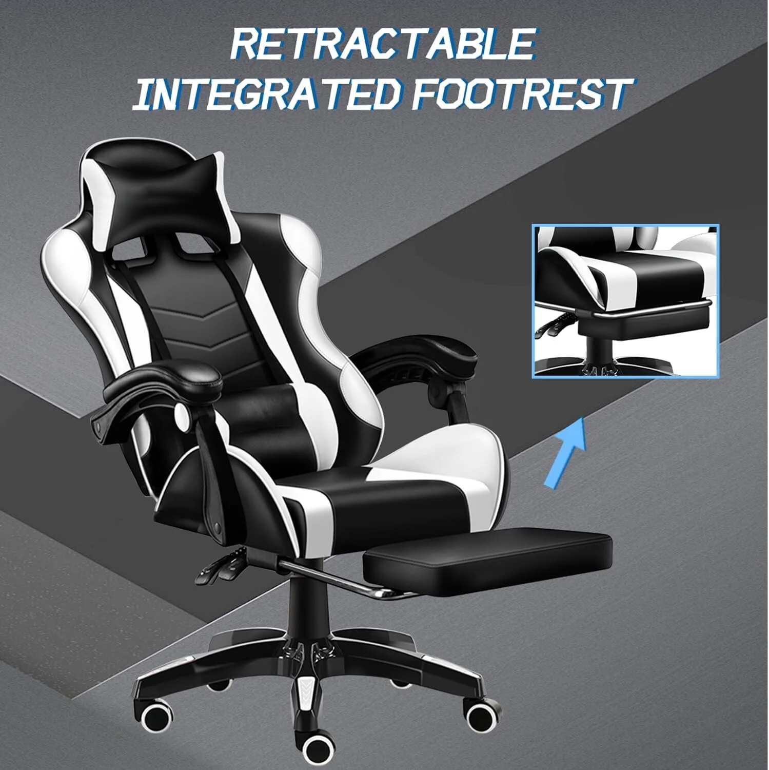 Gaming Chair with Adjustable Footrest,Eighteentek High Back Office Chair with Lumbar Support & Adjustable Headrest Video Game Chairs for Adults Black