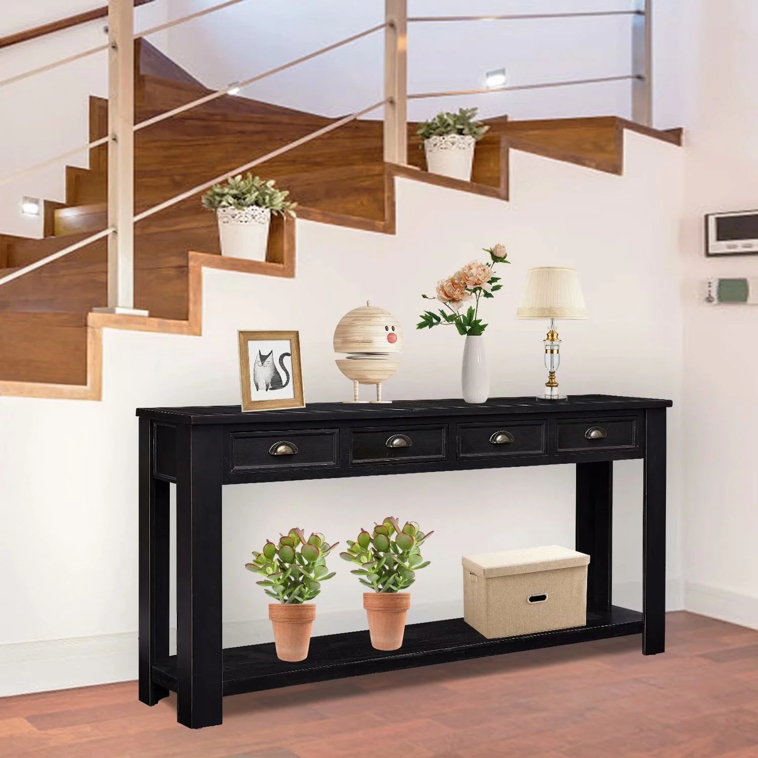 Kinbor 60" Console Table Entryway Hallway Decoration Drawers Shelf Painted Black Rustic