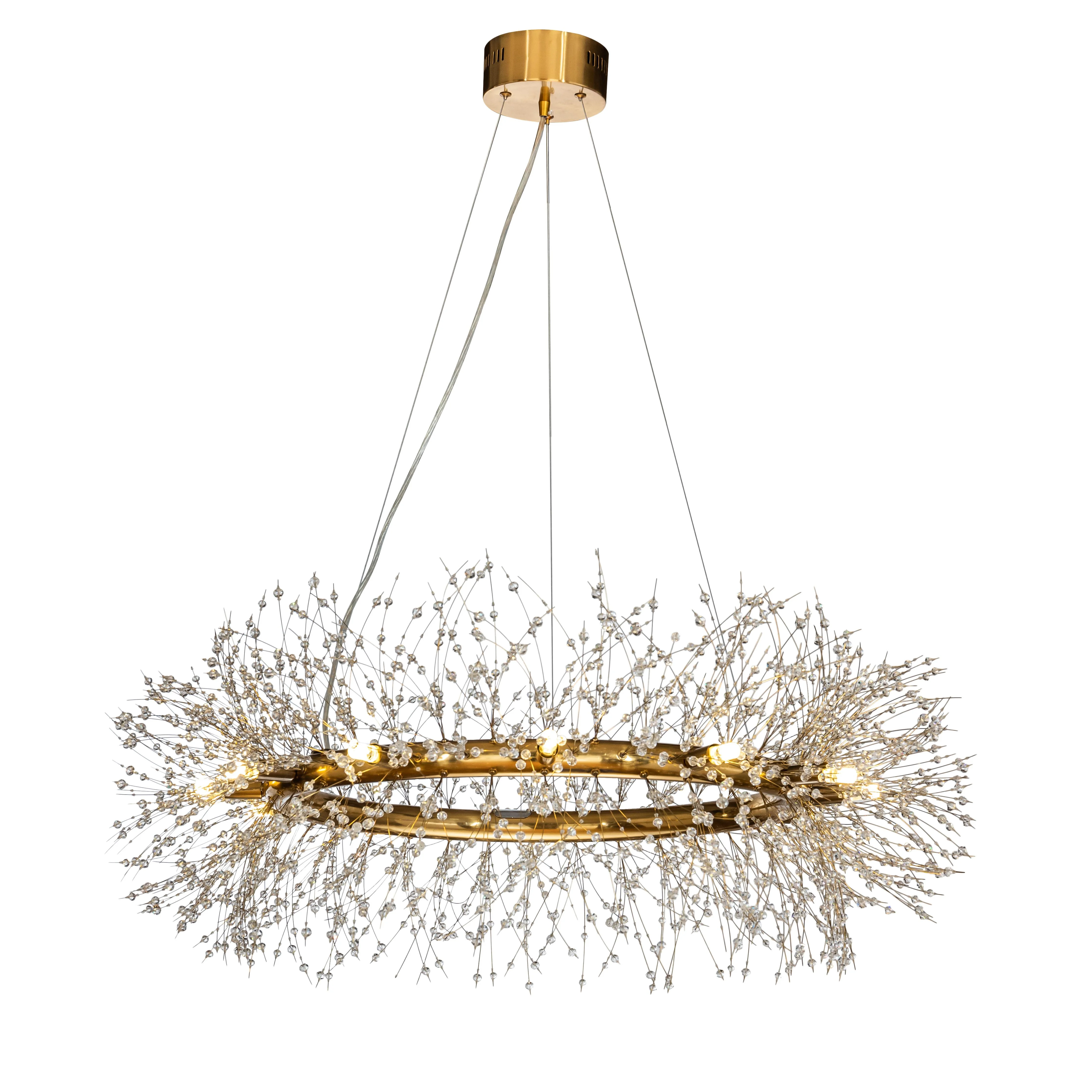 12-Lights Antique Brass Wagon Wheel Modern Crystal Firework Chandelier Glam Round Pendant Light Fixture for Dining Room or Living Room